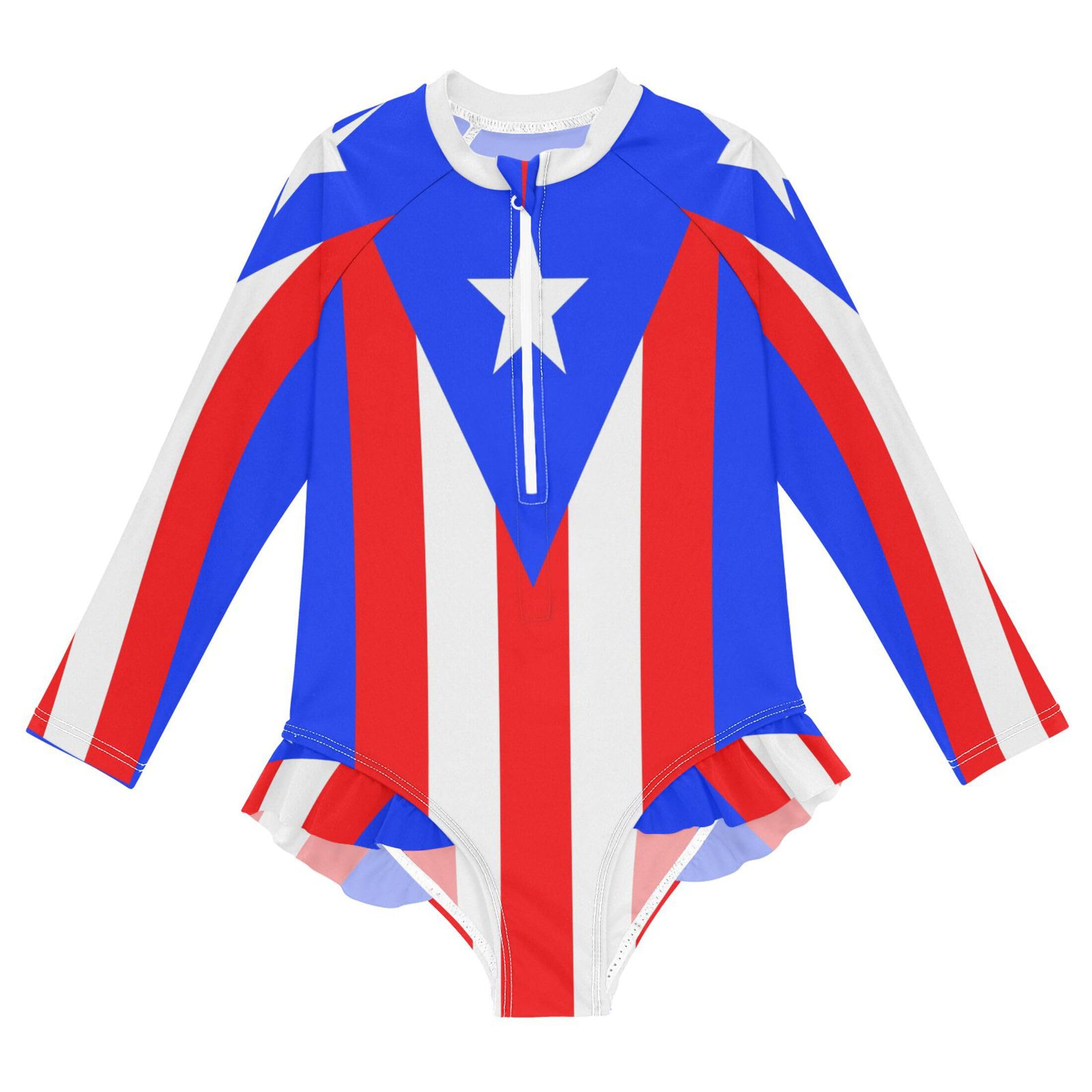 Vozoza Classic Traditional Puerto Rico Flag Baby Girl Bathing Suit Long Sleeve UPF 50+ One Piece Toddler Swimsuit Size 5-6t Multicolor