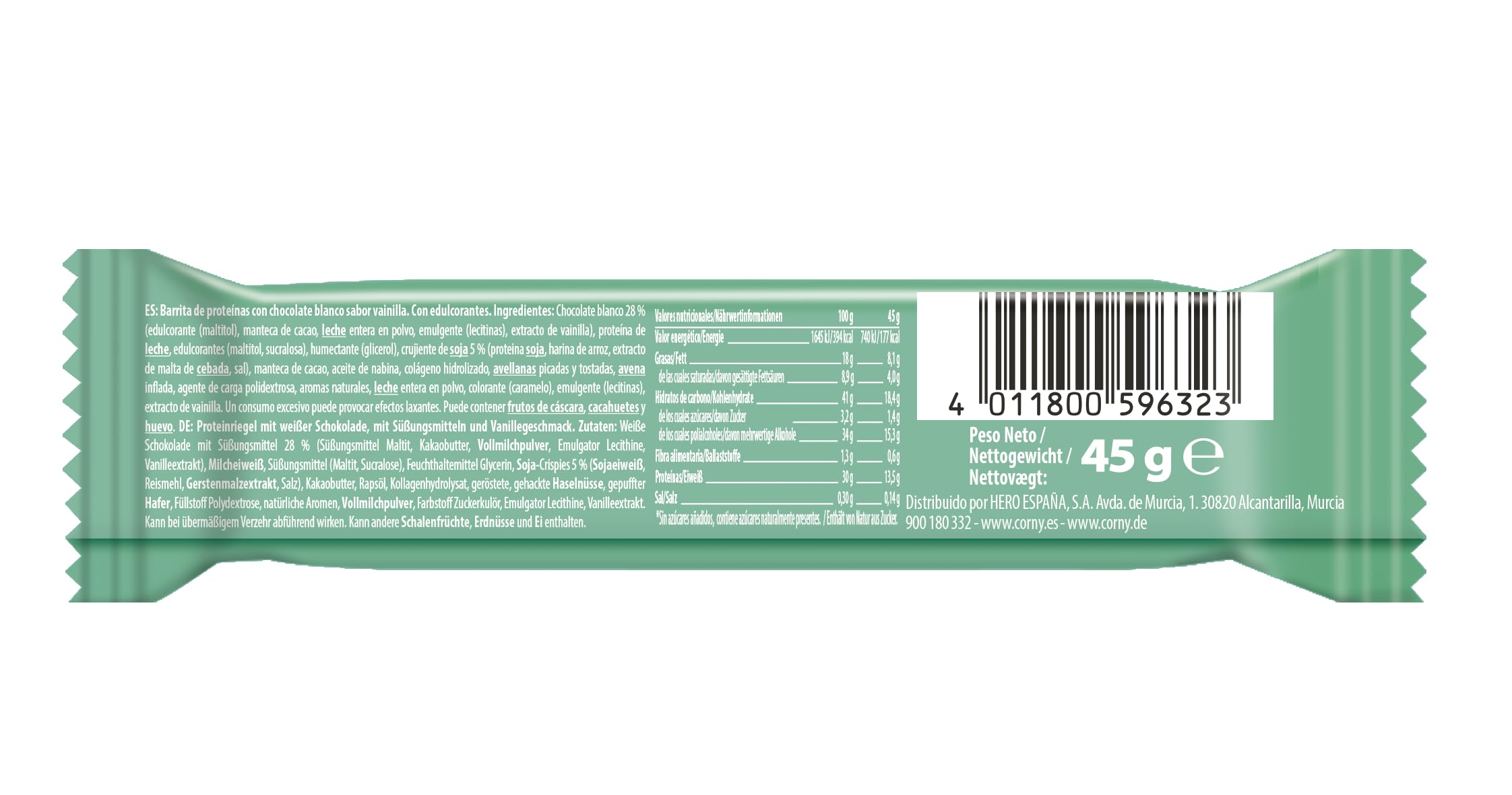 CORNY Protein Crunchy Cioccolato Bianco e Vaniglia, Barretta Proteica Senza Zuccheri Aggiunti*, 12 Barrette x 45g (Confezione da 2)