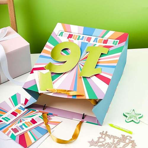 Vista 7 de WRAPAHOLIC Bolsa de regalo de cumpleaños grande de 13 pulgadas con tarjeta y papel de seda - 16 cumpleaños