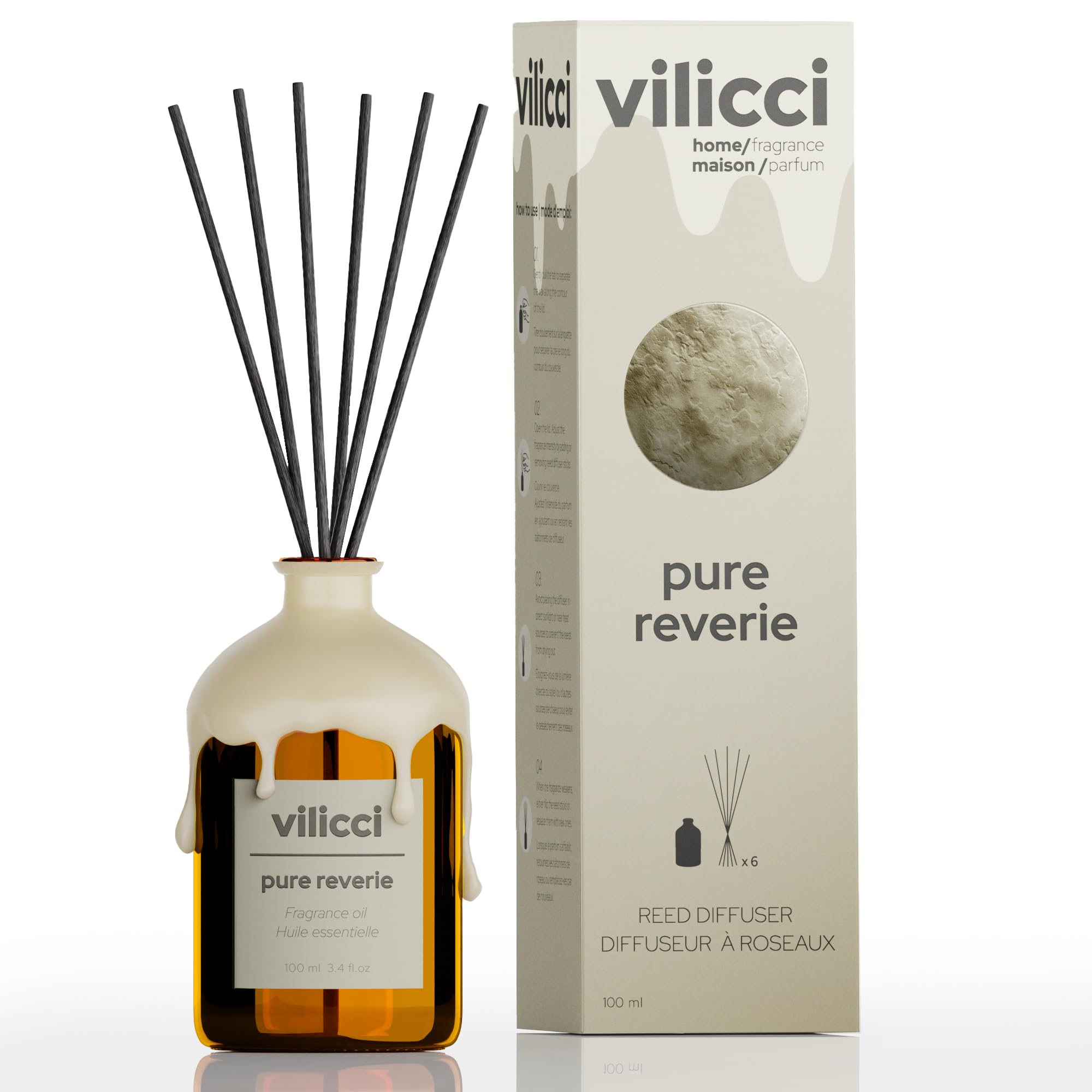 Vilicci Reed Diffuser, Pure Reverie Scent, Strong Home Air Freshener, Long-Lasting Aroma Diffuser for Home and Office Decor, Vegan, Cruelty-Free Oil Ingredients, 3.4 oz (100ml)