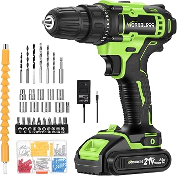 WORKBLESS 21V Power Drill Set, Cordless Drill with Battery and Charger, 3/8'' Keyless Chuck, Variable Speed, 18+1 Torque Setting and 28pcs Bits Tool Set(Green, 1 Battery)