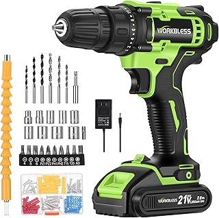 WORKBLESS 21V Power Drill Set, Cordless Drill with Battery and Charger, 3/8'' Keyless Chuck, Variable Speed, 18+1 Torque Setting and 28pcs Drilling/Driver Bits Tool Set(Green)
