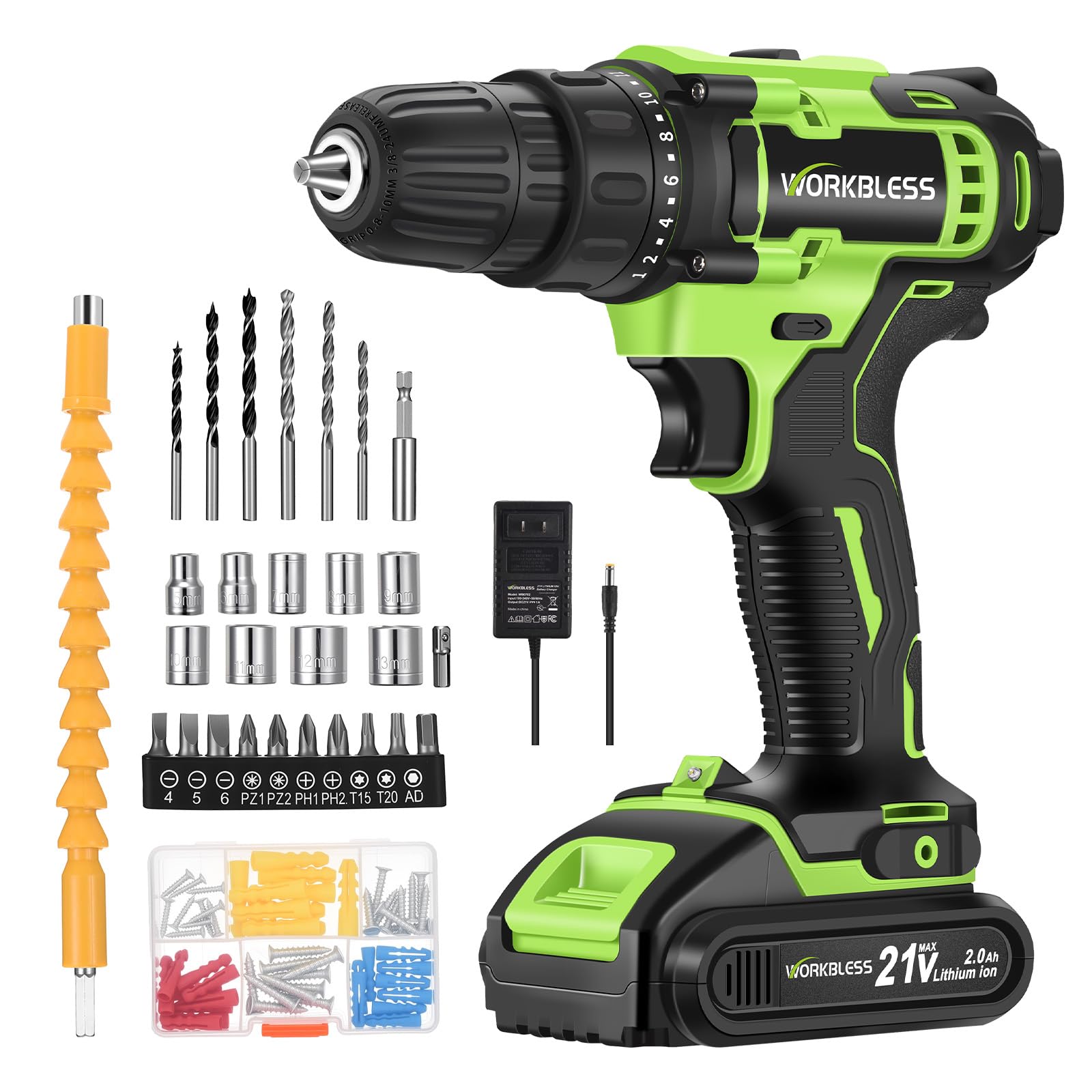 21V Cordless Drill Set with Battery Charger(Green &amp; 1 Battery)