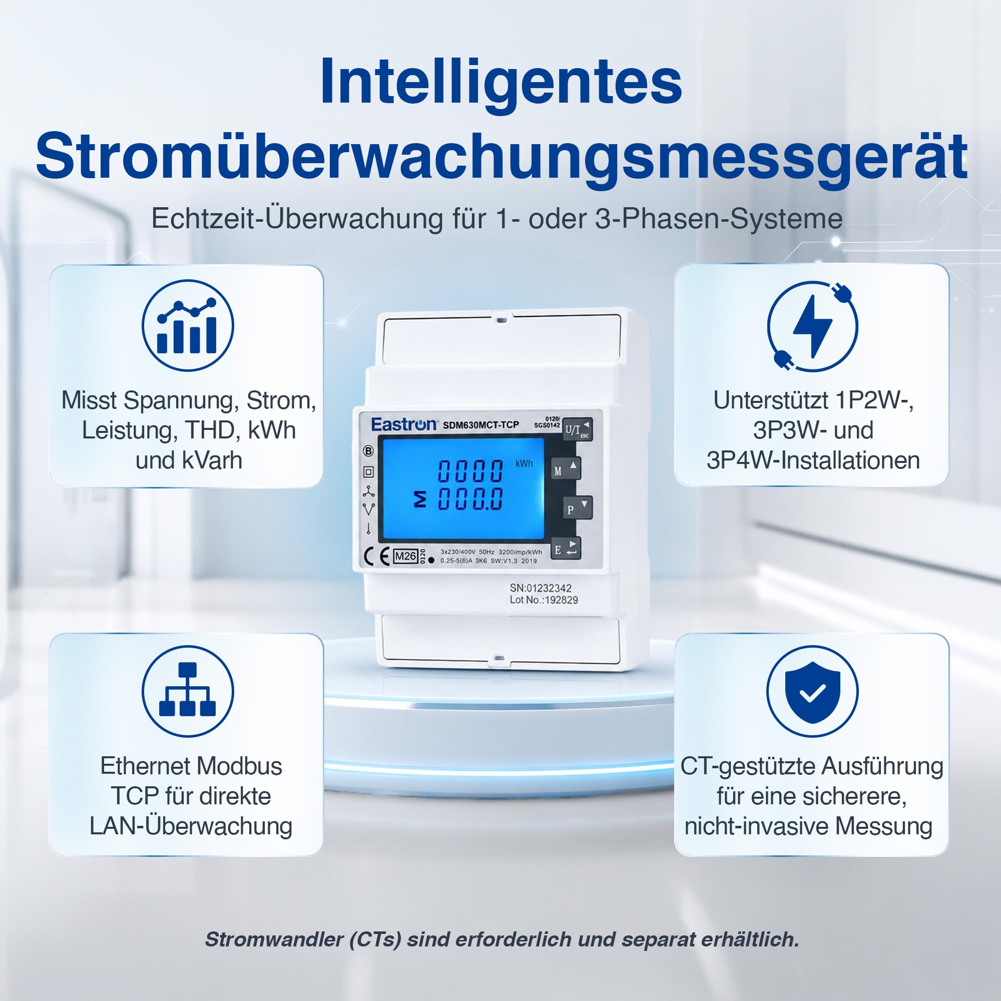 Stromzähler, 1/3 Phase Ethernet Modbus TCP – (Stromwandler erforderlich) gespeister DIN-Schienen-Smart-Meter, MID kalibriert
