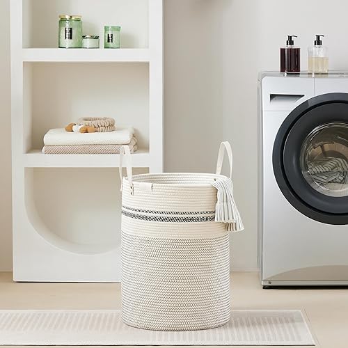 Miniatura 7 de VIPOSCO Cesta alta para ropa sucia, cesta grande para ropa sucia con mango de cuero, cesta de almacenamiento de cuerda tejida para manta, juguete en
