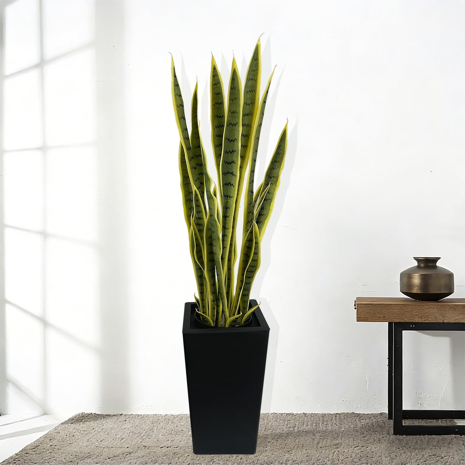 G&A Love SK 4FT Artificial Snake Plant with Tall Planter, 24 PVC Lifelike Leaves, 48in Faux Sansevieria for Indoor Home & Garden Decor, Potted Mother-in-Law's Tongue Plants, Yellow