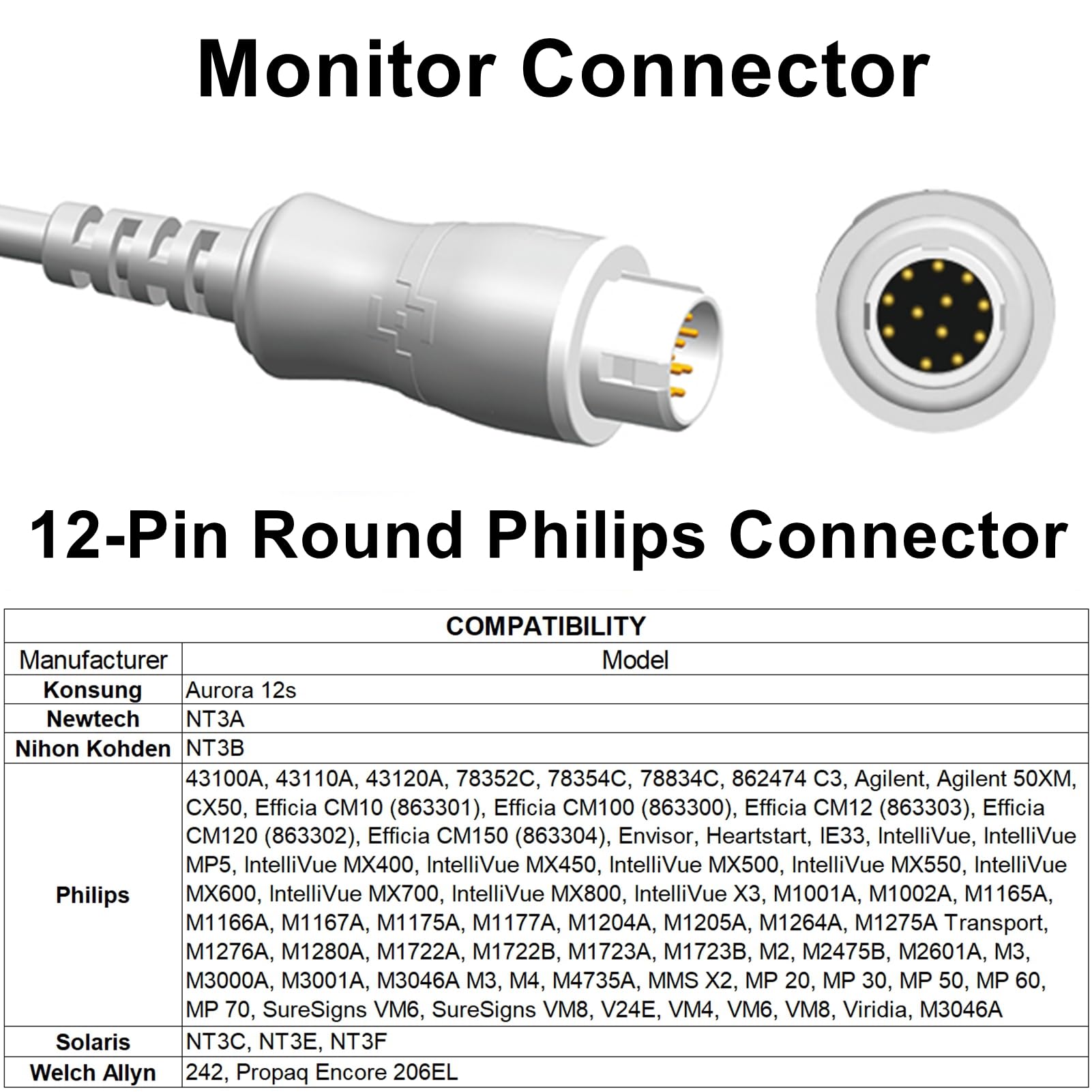 skmeditec 11FT 3 Leads Snap AHA Cable Compatible with PHPhilips, 1K RES. TPU Direct Connect Cord with 12-Pin Monitor Connector