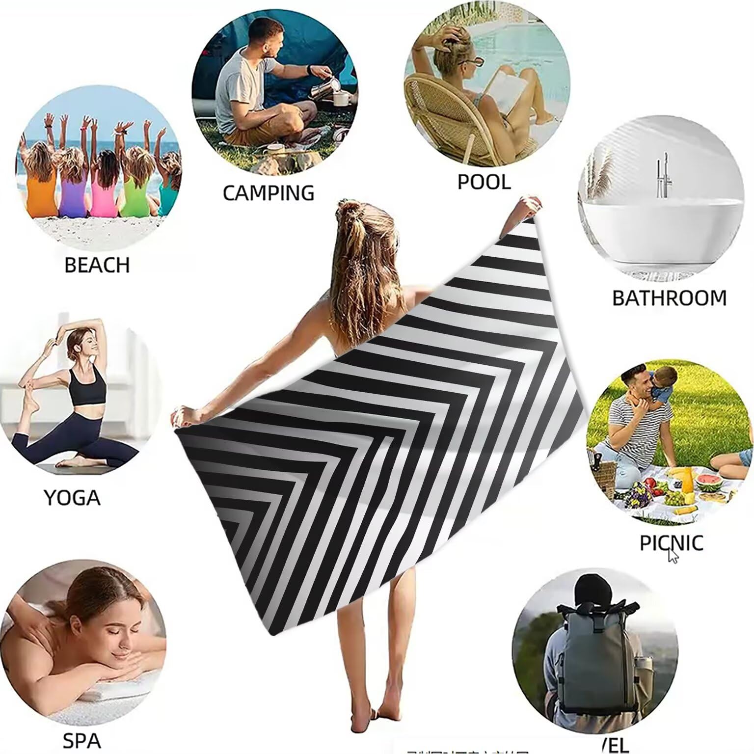 Ręcznik plażowy czarny ręczniki plażowe dla dorosłych 220 x 100 w paski ręcznik z mikrofibry ręcznik kąpielowy bez piasku, chłonny szybkoschnący lekkie akcesoria plażowe do pływania, wakacji, jogi