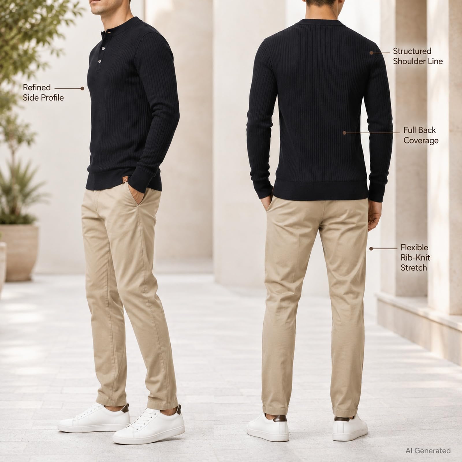 Męska koszulka Henley z długim rękawem Slim Fit Stretch Ribbed Pullover