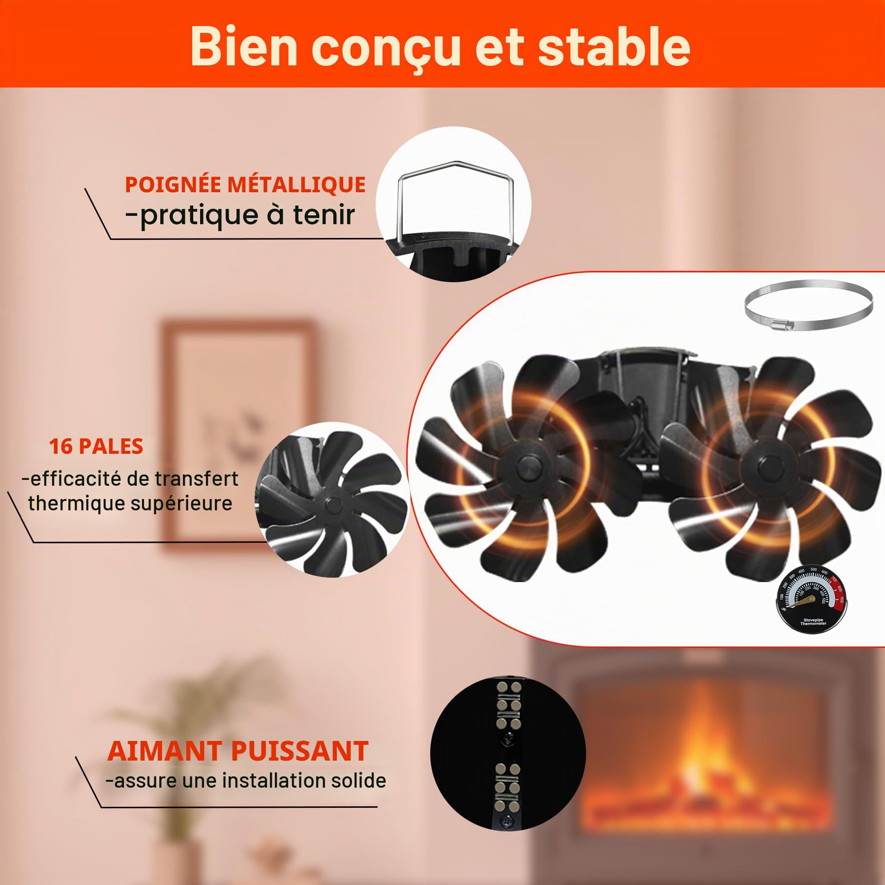 Tomersun Ventilateur de cheminée magnétique, sans électricité, avec 16 pales, ventilateur de cheminée silencieux, pour bois, bois de chauffage, foyer, tuyau de poêle avec thermomètre et 1 pièce