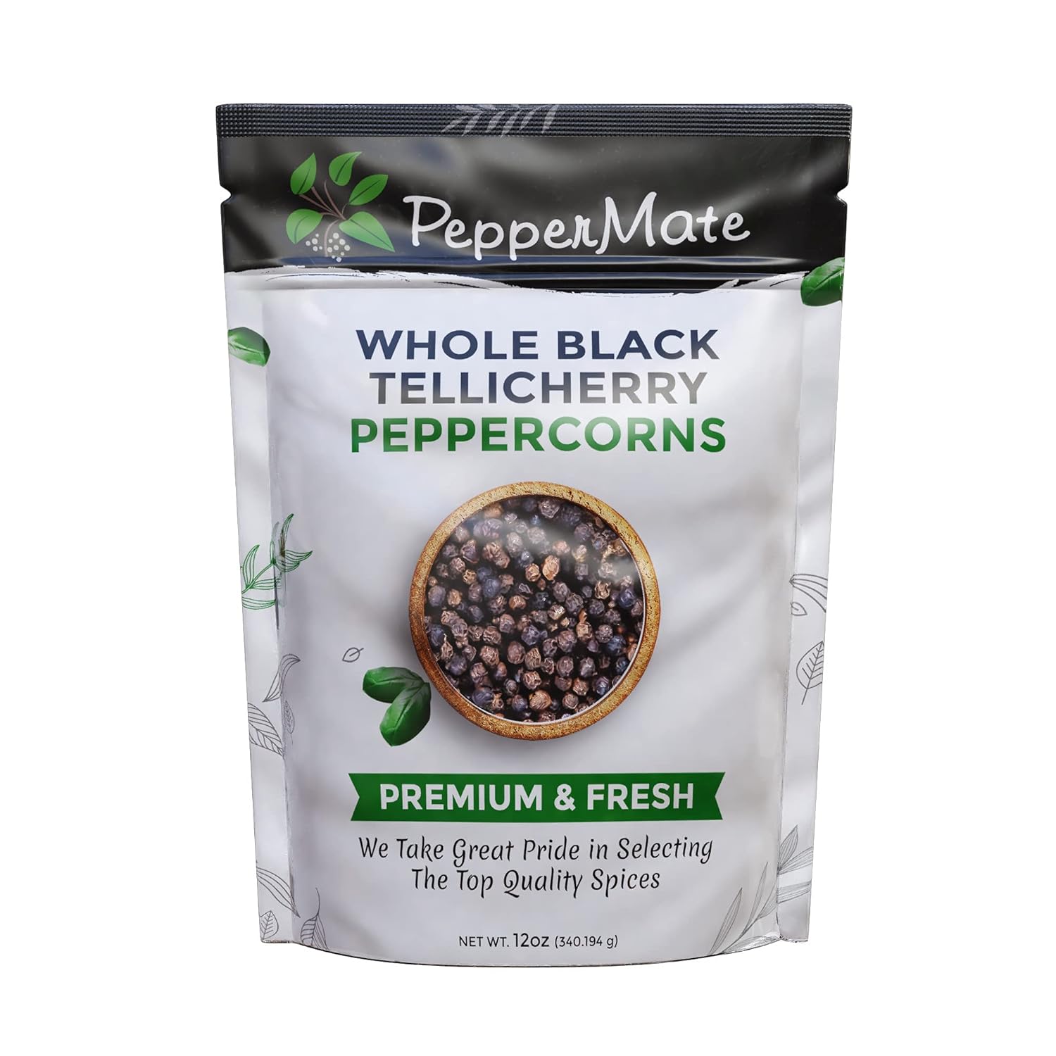 Gourmet Tellicherry Peppercorns, 12 Ounce Resealable Bag of Finest Whole Peppercorns, Spicy Black Peppercorns for Grinder Refill by PepperMate (12 Ounce) : Grocery & Gourmet Food