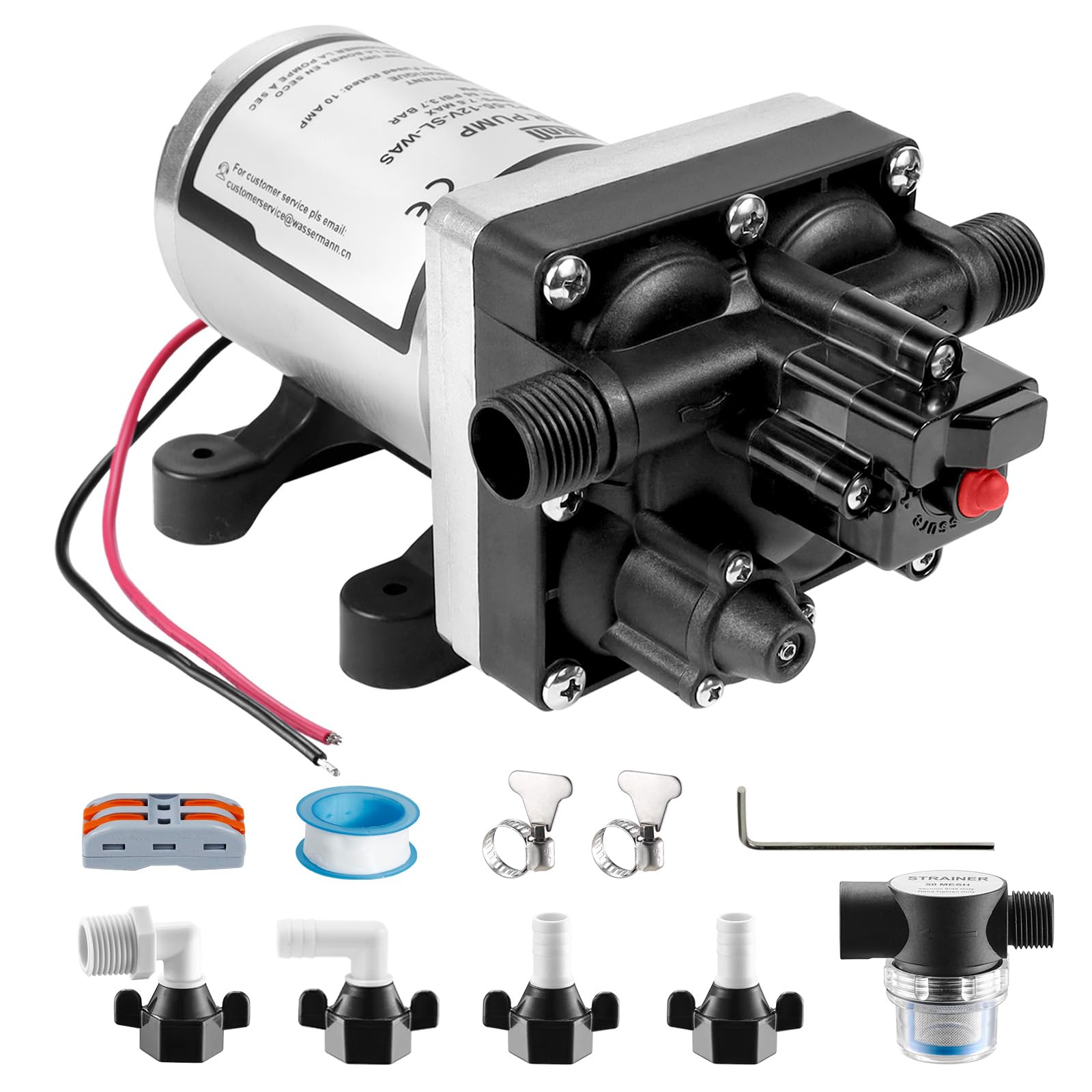 Photo 1 of **POSSIBLY FOR PARTS/ ISSUES FUNCTIONING*** WASSERMANN RV Water Pump 12V DC 4008-101-A65/E65 Replacement, 3.0 GPM 55PSI, Quiet Water Pump for Camper RV Shower Garden Industrial Yacht Sprayer Food Truck Travel Trailer Water Pumps with Acessories