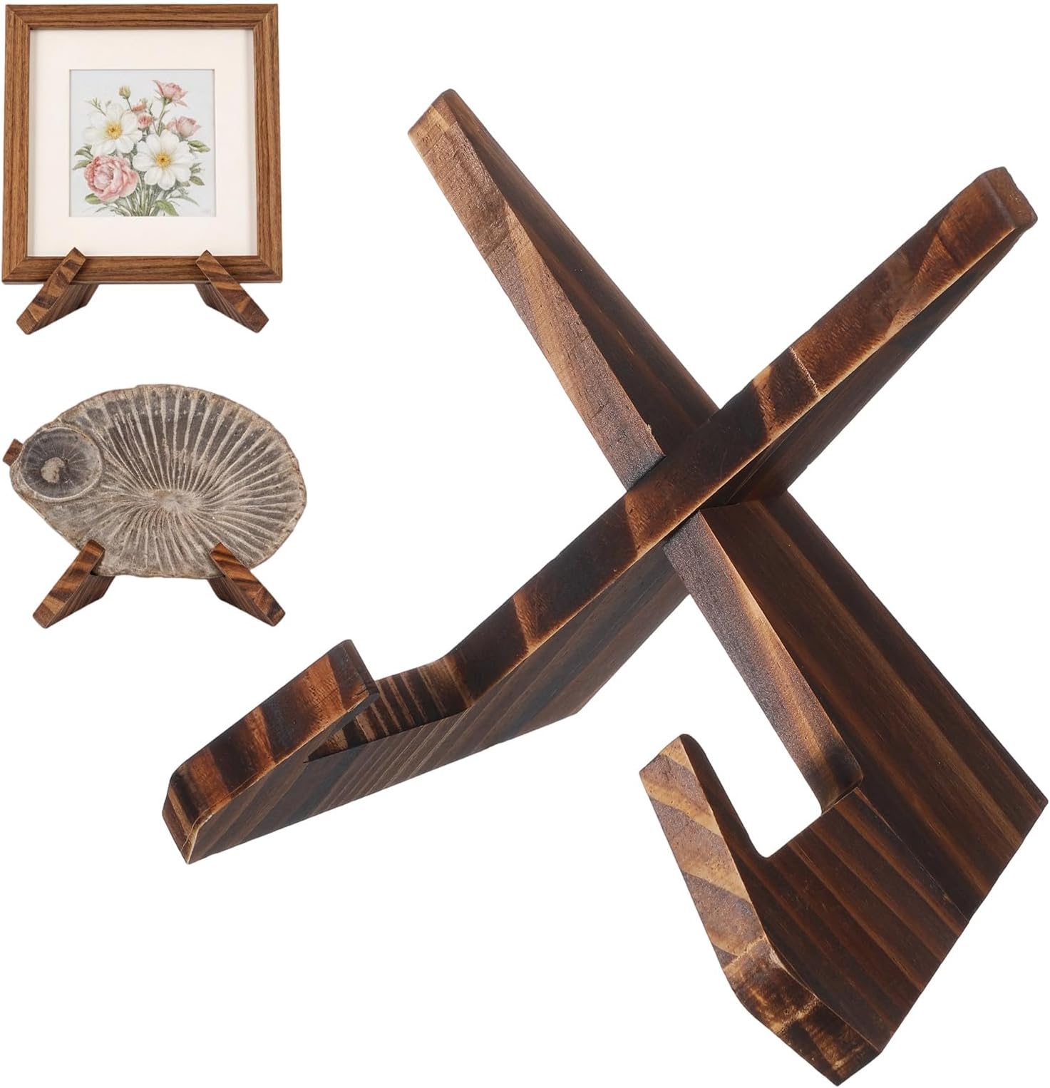 Grevosea Wooden Bowl Display Stand, Wooden Easel Frame Holder 6.5 Inch Holder for Large Deep Plates, Platters and Dishes X-Shaped Structure Pine Material 6.5" Hx9 Wx7.9 D Under 5" in Depth