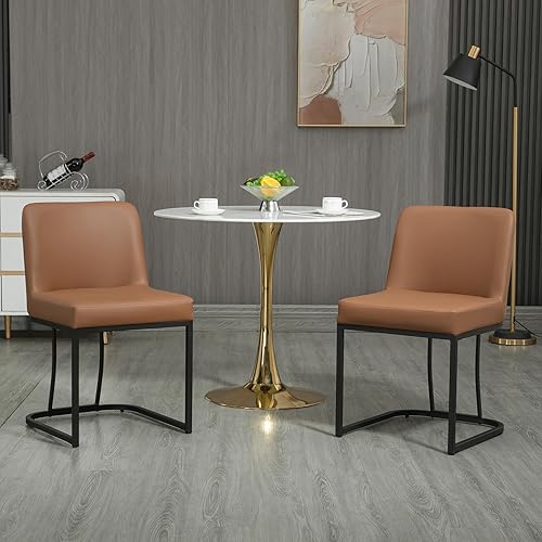 Juego de 2 sillas de comedor de piel sintética, sillas de comedor modernas de mediados de siglo con respaldomarco de metal, sillas laterales