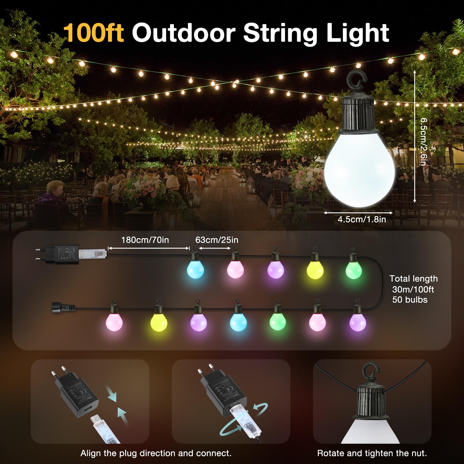 Guirlande Lumineuse Exterieure 30M 50 LED Télécommande App Minuterie 16 Millions Couleurs 58 Modes Scène Jardin Fête