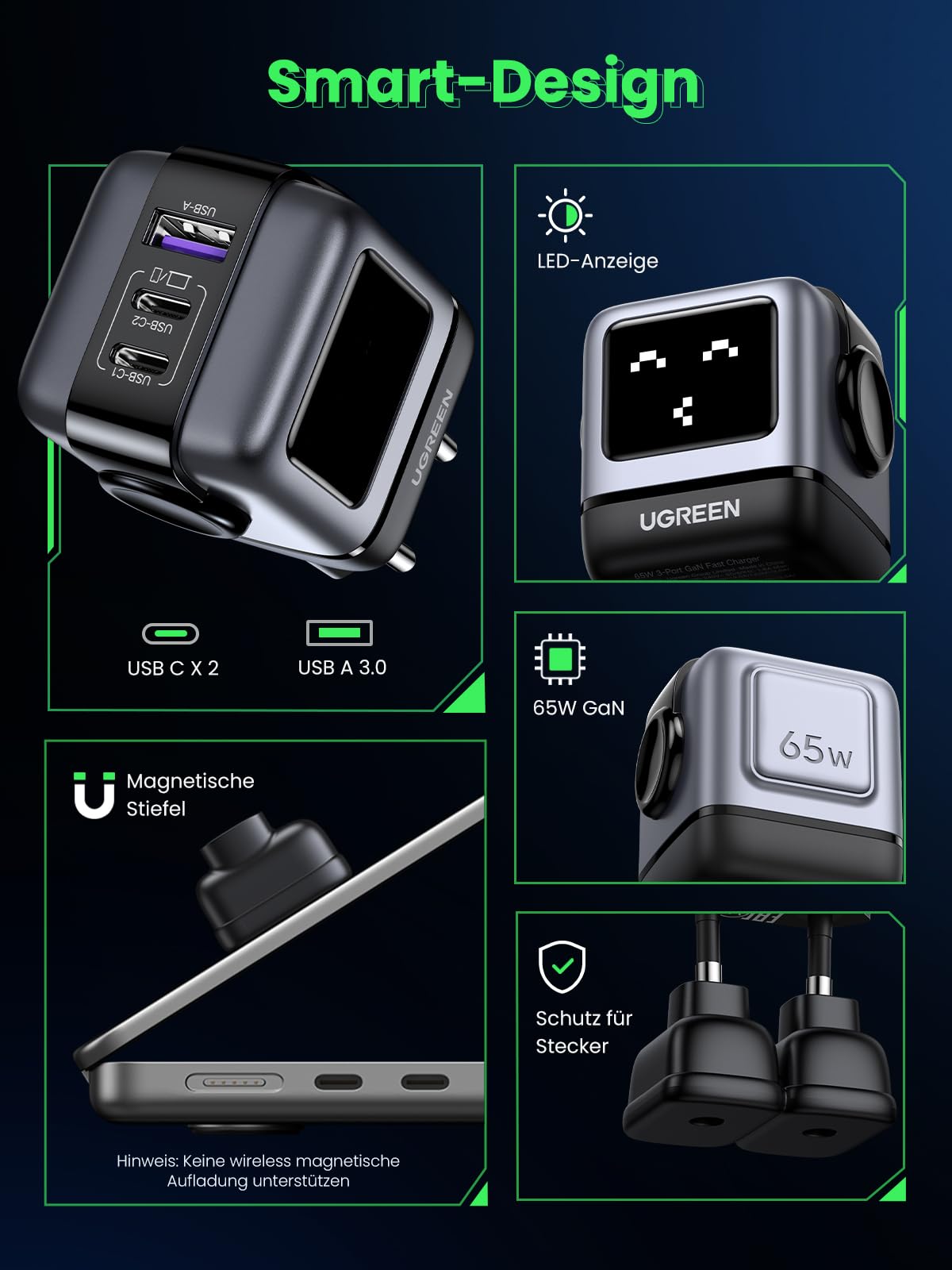 UGREEN UNO USB C Ladegerät, 65W USB C Netzteil 3-Port GaN Schnellladegerät LED Display kompatibel mit MacBook Pro/Air, iPad, iPhone 17 Pro Max, 15 16, Galaxy S25 Ultra, Steam Deck (Schwarz)