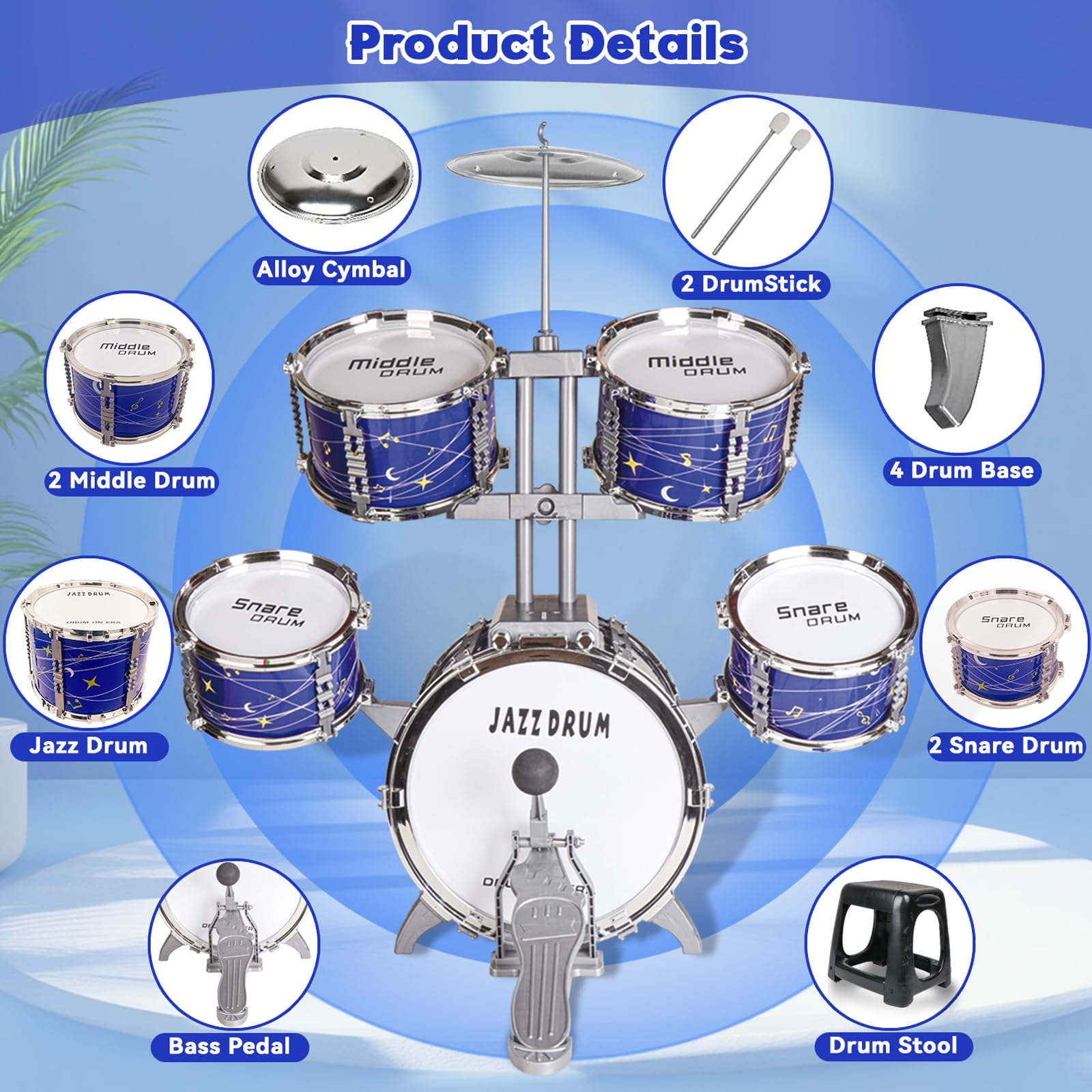 Batteria per Bambini Piccolo da 1 a 3 Anni, Upgrade Jazz Tamburi e Percussioni 3 a 5 Anni con Sgabello, Giocattolo Compleanno Educazione Precoce Regalo di Natale per 2 3 4 5 6 Anni Ragazze Ragazzi