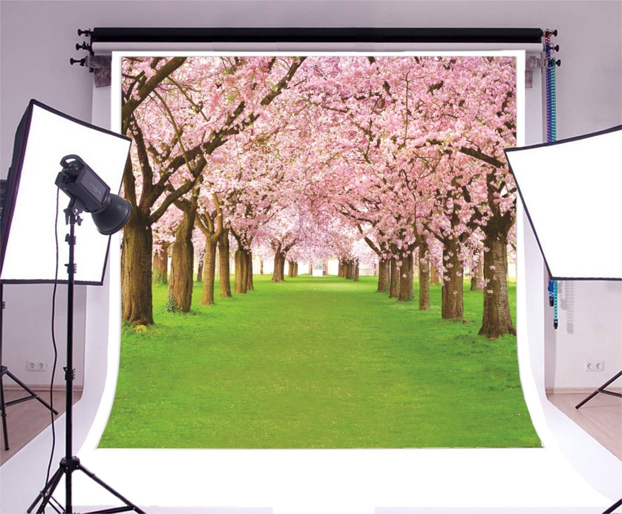 AOFOTO  Spring Cherry Flower Photography Backdrop Pink Cherry Blossoms Green Grassland Garden Park Nature Scenery Background Floral Trees Pathway Road Kids Girls Birthday Photo Shoot Props: 6x6ft