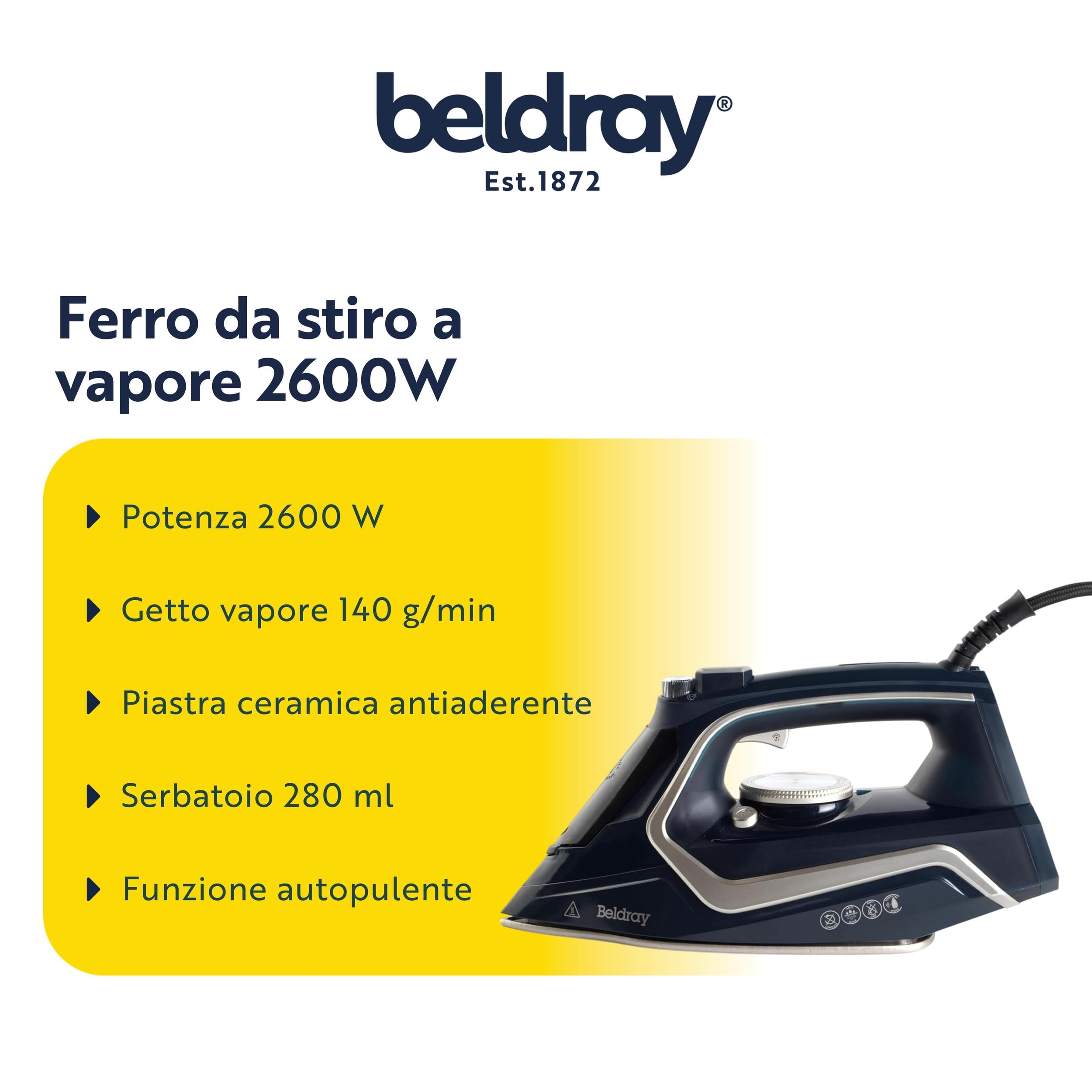 Beldray Ultra Sleek Ferro da stiro a vapore 2600 W, colpo vapore 140 g/min | Piastra in ceramica antiaderente, serbatoio da 280 ml, temperatura regolabile, funzione autopulente, cavo da 2,5 m