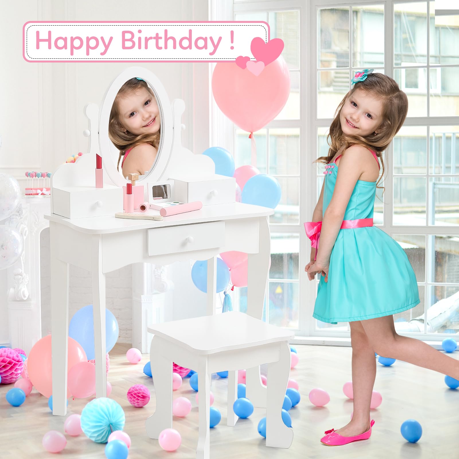 Coiffeuse avec Miroir et Tabouret Enfant, Table de Maquillage Princesse pour Filles de 4 à 9 Ans, Coiffeuse Bureau 2 en 1, Cadeau pour Petites Filles, Blanc
