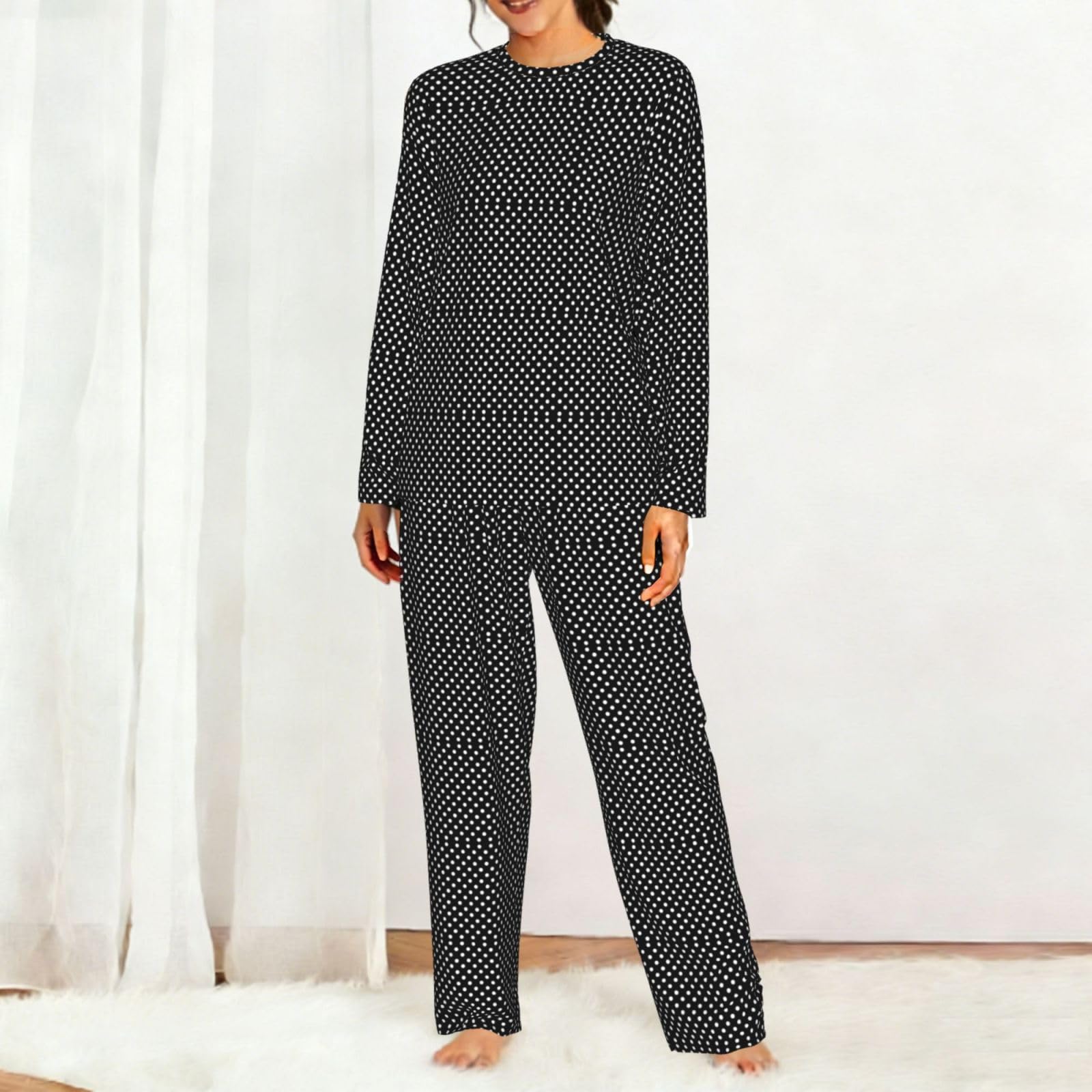 Pigiama da donna a maniche lunghe con stampa a pois bianchi e neri Set pigiama morbido elastico coulisse casual Daywear