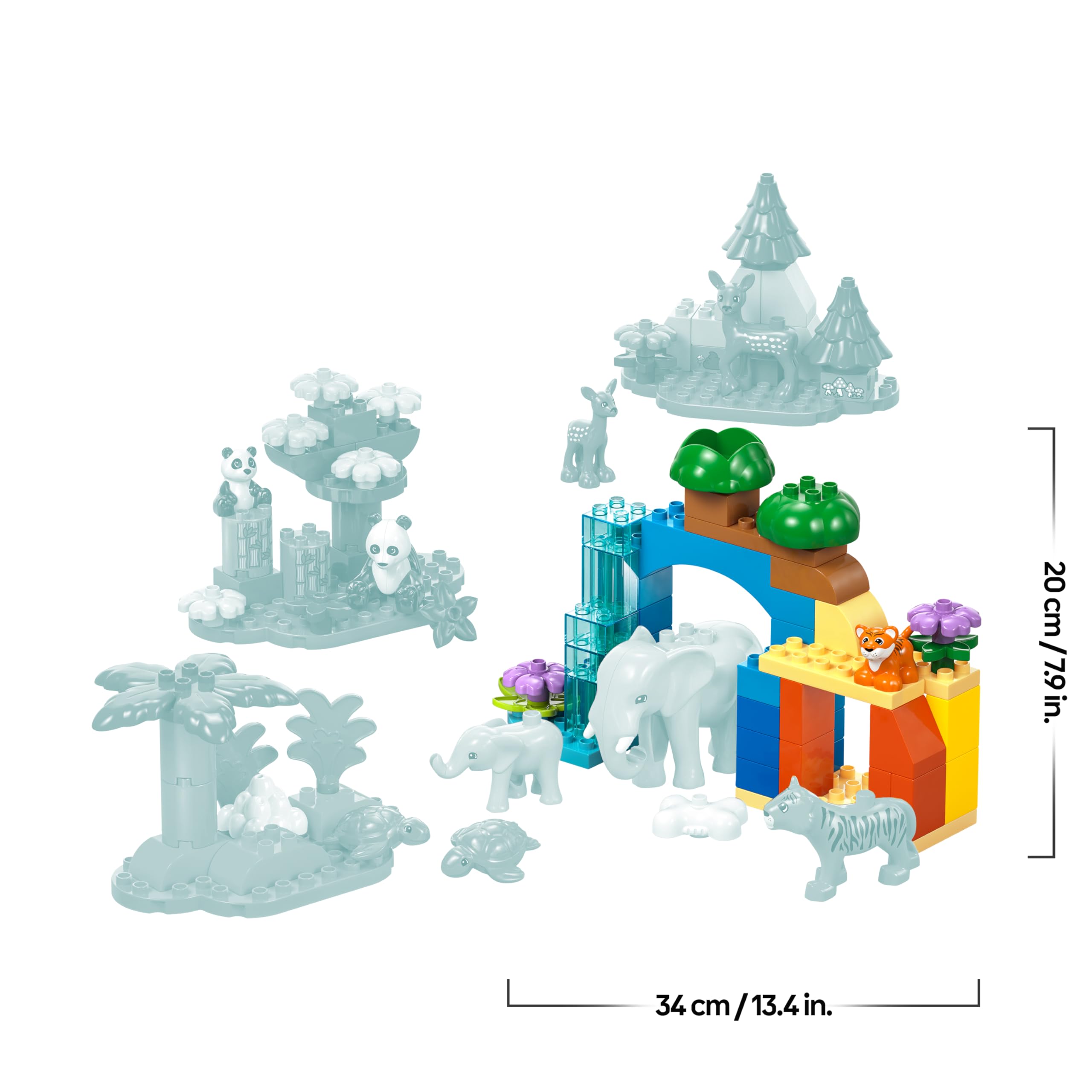 LEGO Duplo Familles d’Animaux Sauvages 3-en-1 - Jouet Éducatif pour Enfants dès 2 Ans - Figurines de Tortue, Tigre, Éléphant, Daim & Panda avec Habitats Constructibles - Cadeau Fille ou Garçon 10446