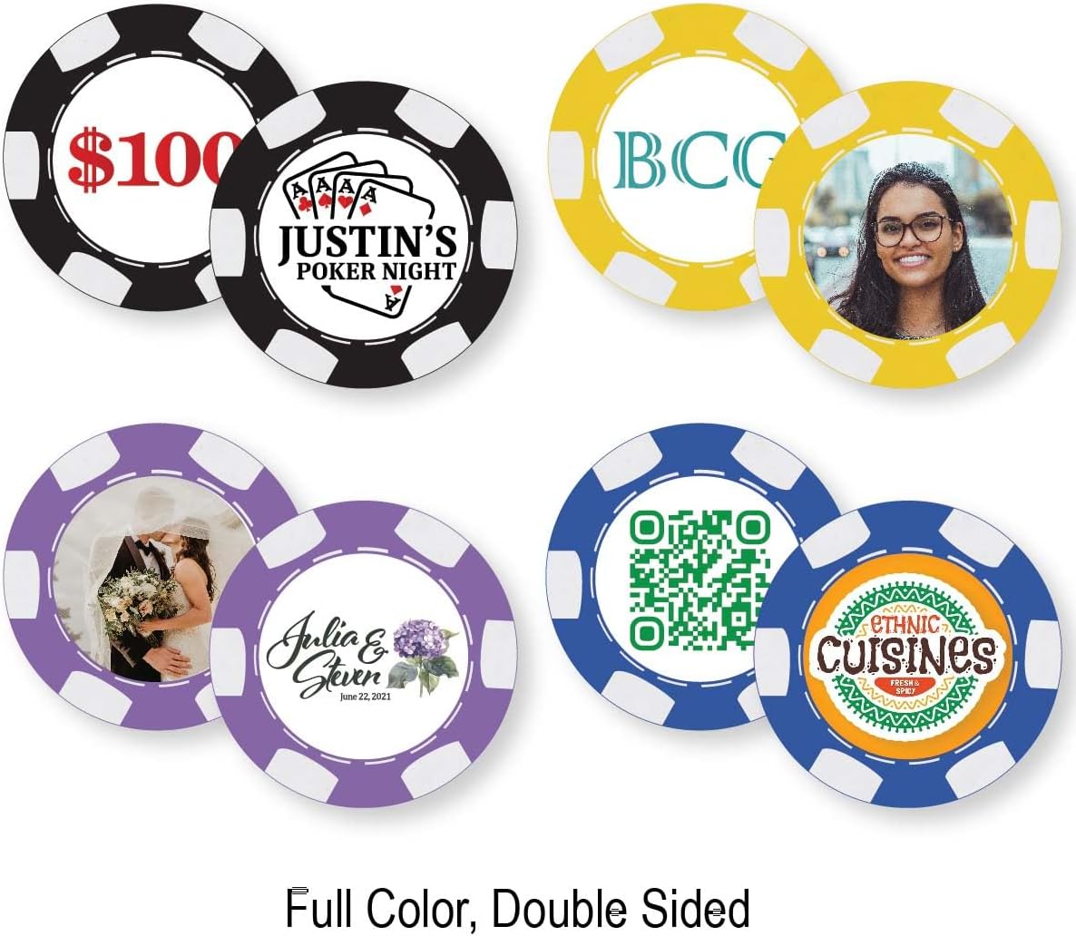 6 Stripe Custom Poker Chips, Personalized with Your Logo, Text, or Artwork - 100 Qty.