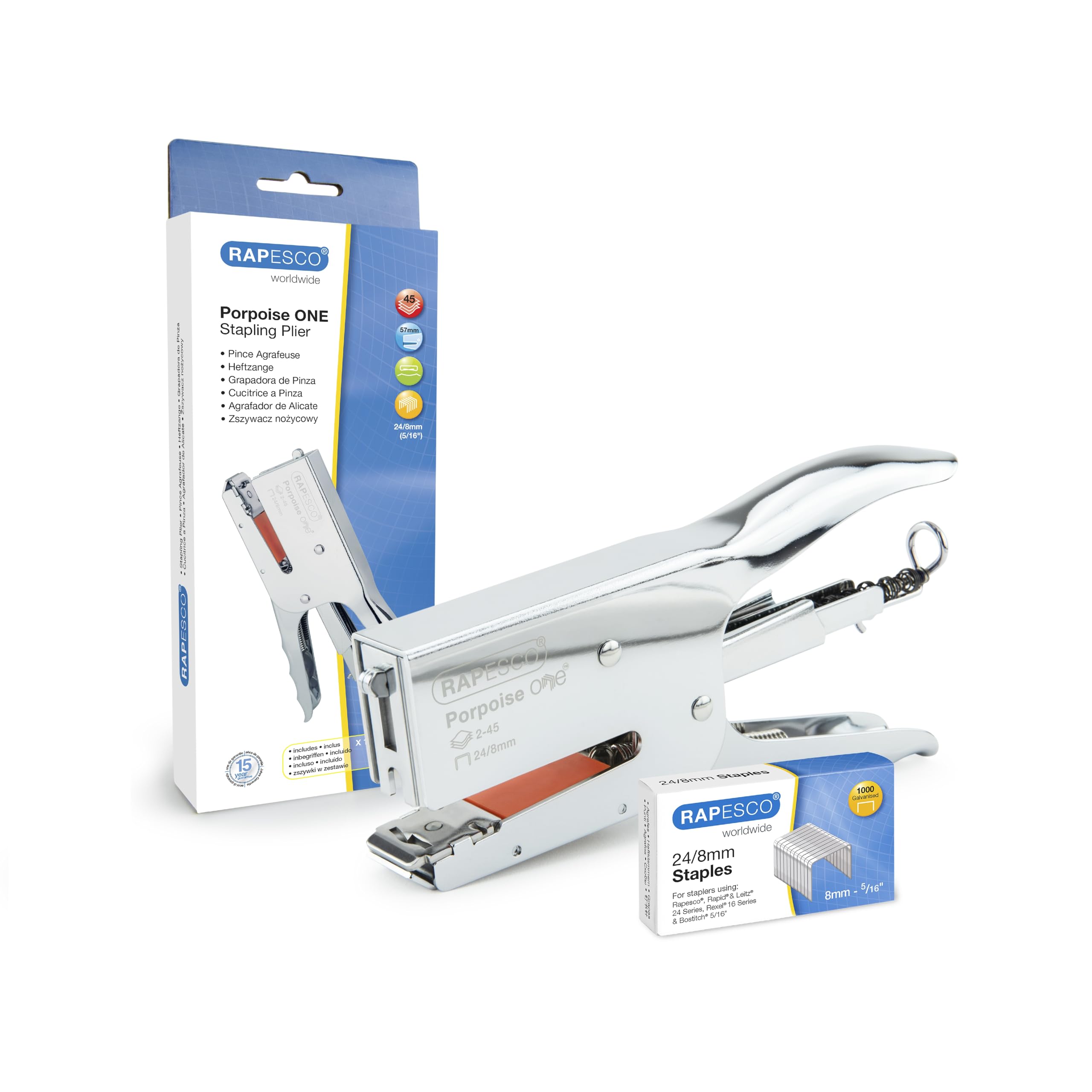 Rapesco 1794 Porpoise ONE Bypass Stapling Plier and 1000 Type 24/8mm Staples, ONE Size only for 2-45 Sheet Capacity, Chrome