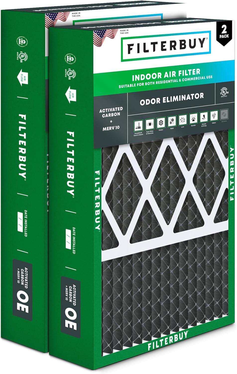 Filterbuy 16x25x5 Air Filter MERV 10 Odor & Allergy Defense with Activated Carbon (2-Pack), Pleated HVAC AC Furnace Filters for Honeywell, Lennox, and More (Actual Size: 15.75 x 24.75 x 4.38)