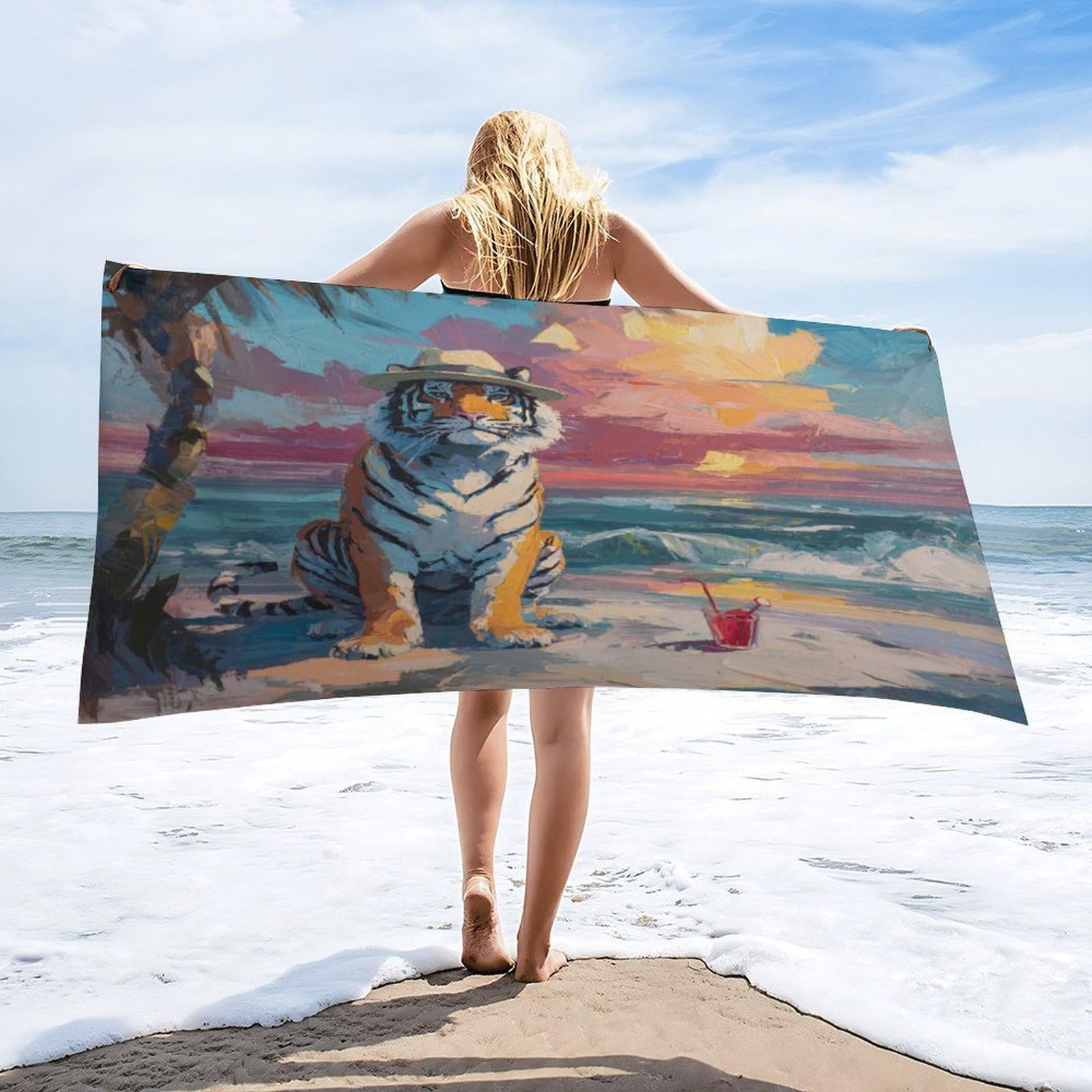 Luyysky Classic Fantasy Animal Tiger Quick-Drying Beach Towel, Beautiful Abstract Sunset Beach Tropical Plant Palm Tree Travel Vacation Single Sided Pile Bathroom Towels-80 W Cm X 160" L Cm