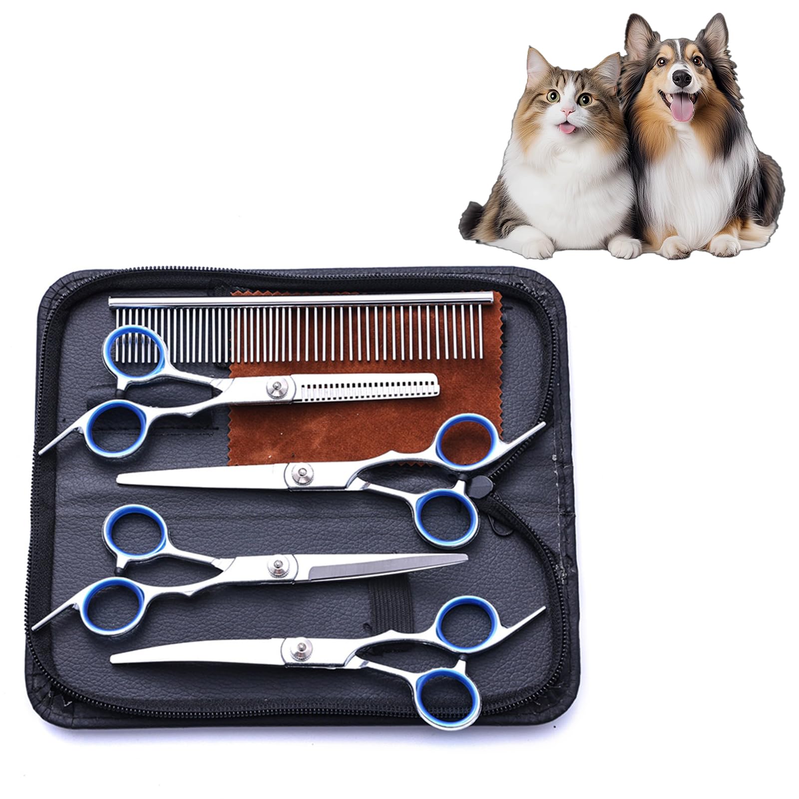 Jimkply Haustierfriseur-Set, Enthält 1 Kamm, 1 Tuch, 1 Ausdünnschere, 1 Gerade Schere, 2 Gebogene Scheren, Haustierhaarpflege, für langes Haar, kurzes Haar, Hunde, Katzen, Kaninchen