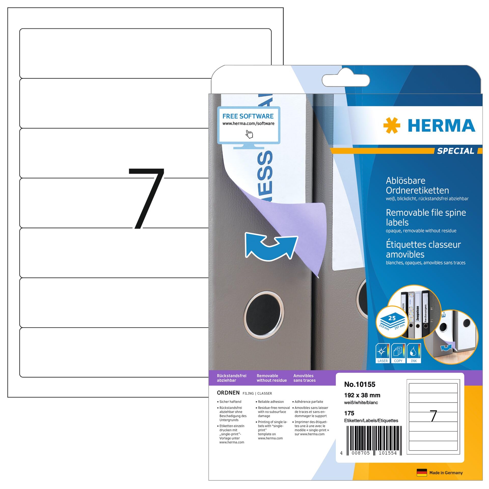 HERMA 10155 Ordnerrücken Etiketten ablösbar kurz schmal, 800 Blatt, 192 x 38 mm, 7 pro A4 Bogen, 5600 Stück, selbstklebend, bedruckbar, blickdicht, Papier Ordneretiketten Rückenschilder Aufkleber weiß