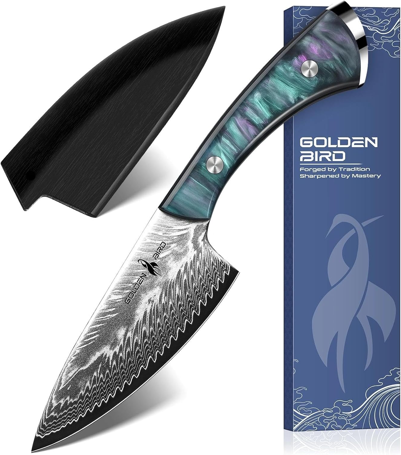 Golden Bird Damascus Steel Knife for Kitchen and Outdoor - Hand Forged Camping Cooking Knife with Resin Handle, All Purpose Small Kitchen Knives with Sheath, Gift for Men & Women