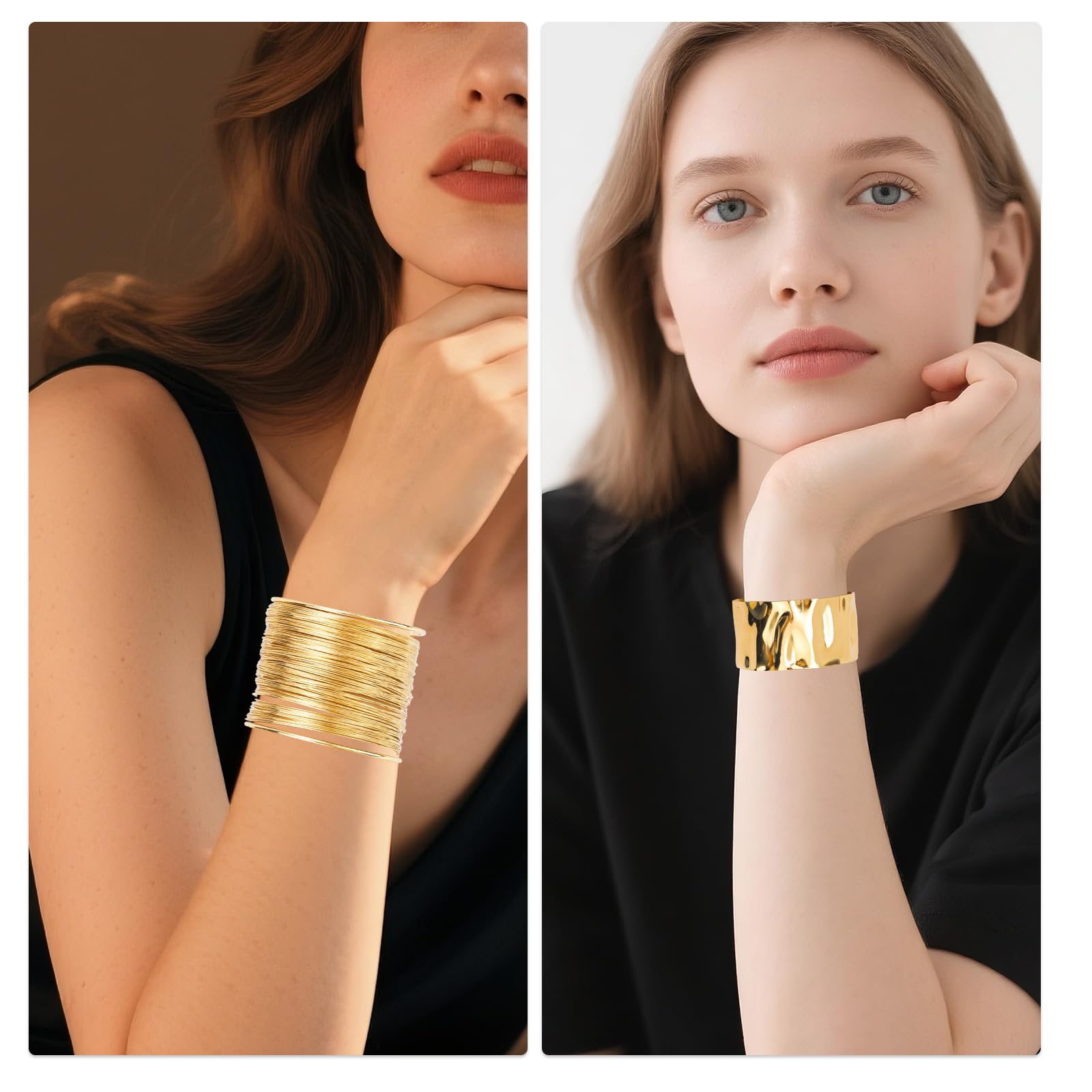 Mikovivi 3pz Set Bracciali Rigidi Dorati per Donna, Filo Liscio e Polsino Aperto Martellato Bracciale Braccio Largo Chunky Irregolare Parte Gioielli da Polso Regolabili per Feste Regali Quotidiani