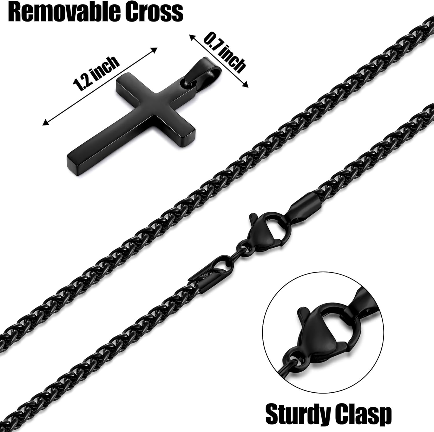 Fiusem Cross Necklace for Men, Silver Tone/Gold Plated/Black Mens Cross Necklaces with 2.5mm Chain, Stainless Steel Wheat Chain, 16-24 Inch - Image 4