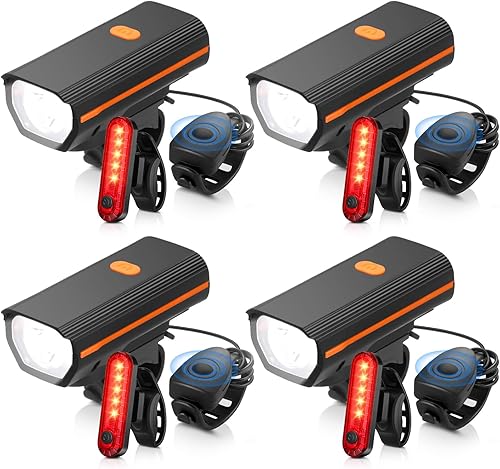 Hanaive Juego de 4 luces LED brillantes para bicicleta, recargable por USB, faros delanteros y traseros, impermeables, accesorios de ciclismo para
