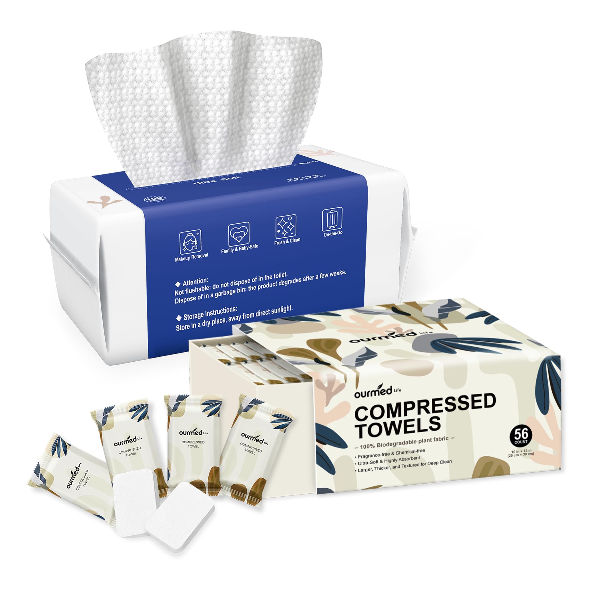 Ourmed Life Face Towels, Disposable Biodegradable Clean Facial Towels for Sensitive Skin + Ourmed Life Compressed Towel Tablets – Portable, Individually Wrapped Disposable Face Towels
