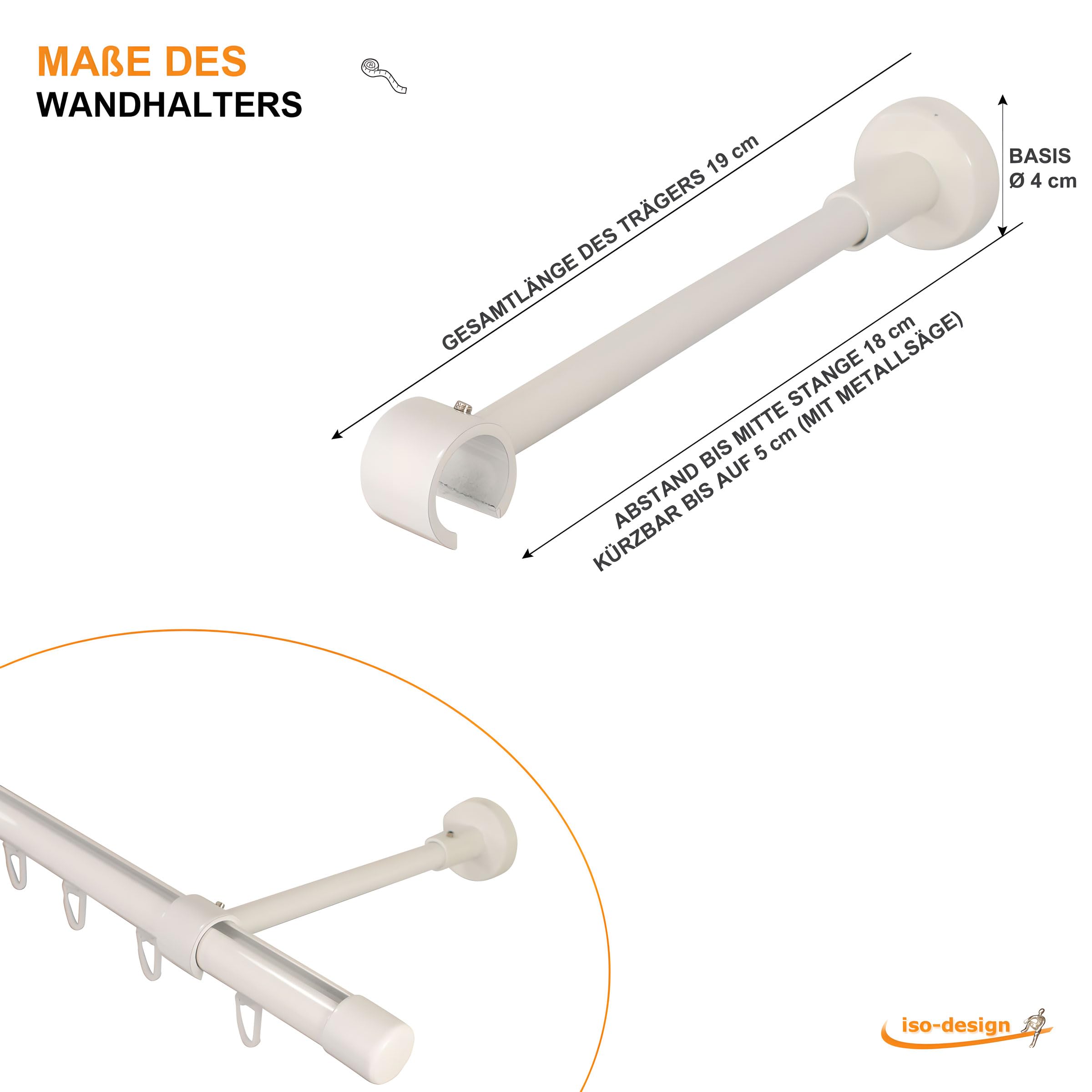 iso-design Gardinenstange Innenlauf Wandmontage weiß 20 mm, Innenlaufstange 1-läufig, großer Wandabstand, Wandhalter kürzbar, Endstück Kappe, 120 cm