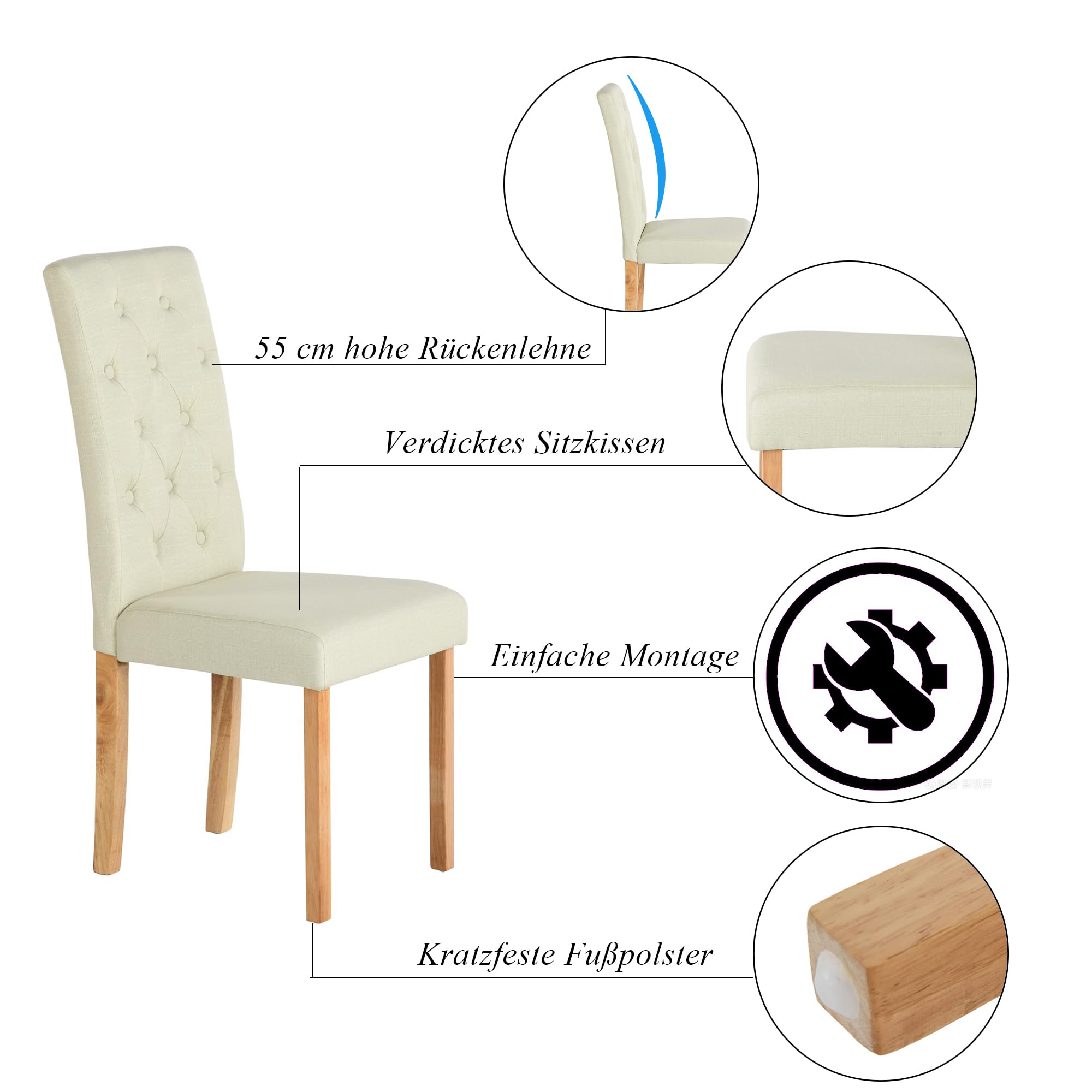 Set da 6 pezzi Gepolsterte Esszimmerstühle Beige – Moderne Skandinavische Küche Möbel Stilvolle Sitzgelegenheit 55cm Hoch Perfekt für Esszimmer und Wohnzimmer