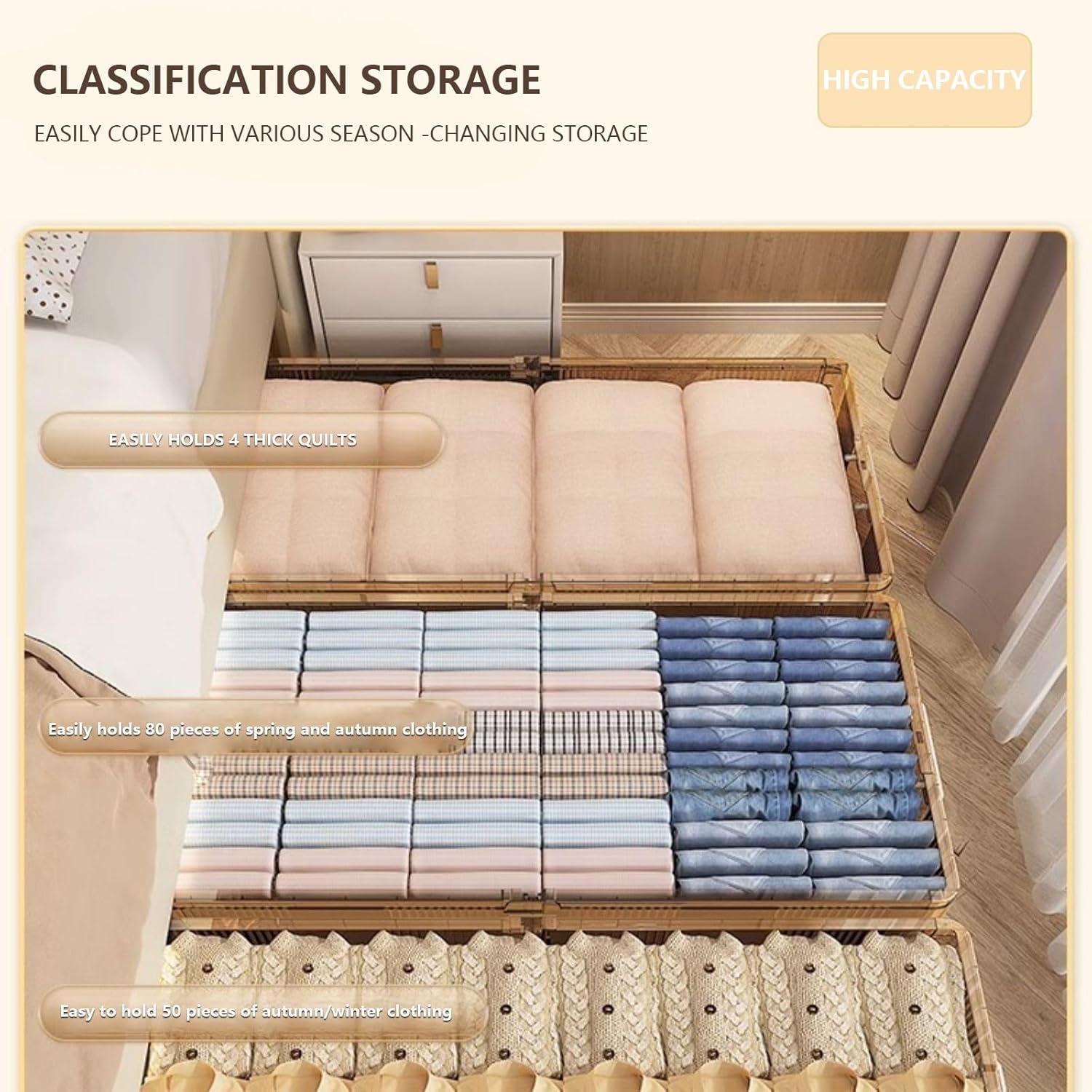 Under bed storage containers with Wheels, Stackable Under Bed Folding Storage Boxes Storage Plastic Containers，Multi-purpose Storage Bins with Lids, for Clothes, Shoes, And Duvets