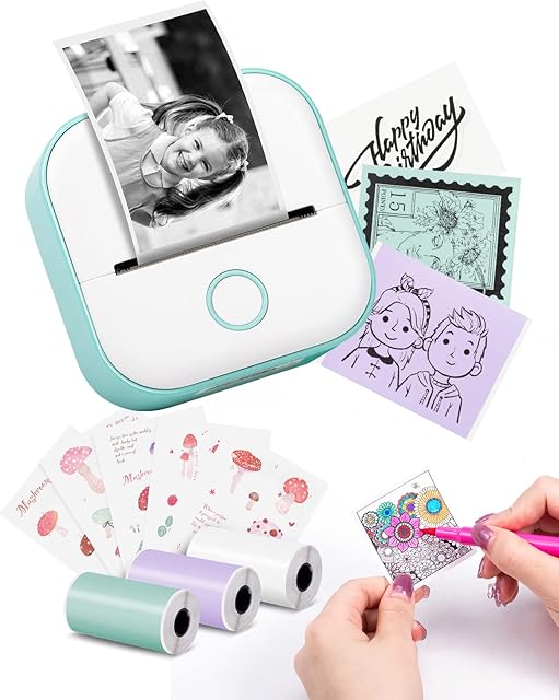 Memoking Mini Sticker Printer T02 Portable Small Printer, Thermal Photo Printer Machine for Study, Notes, Pictures, Photos, Journals, DIY, Compatible with Phone & Tablet, Green