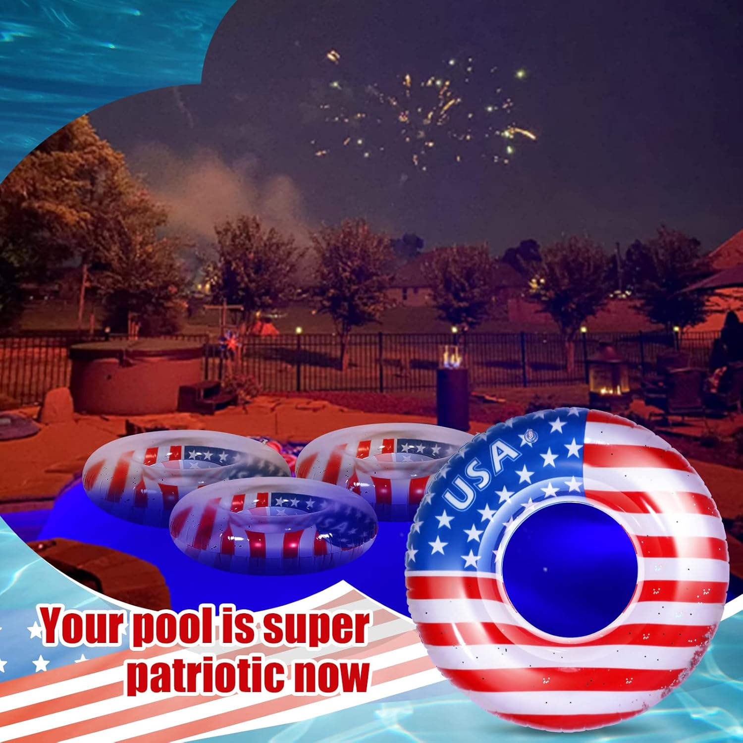 Junkin 40 Inch American Flag Giant Inflatable Pool Floats USA Flag Design Swimming Pool Tube 4th of July Swimming Ring Patriotic Water Float Tube Filled with Stars Confetti for Beach