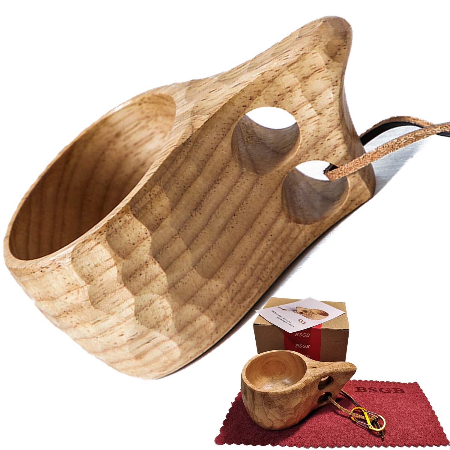 BSGB Wooden Cup Nordic Style Kuksa Portable Outdoor Camping Drinking Cup Traditional Coffee Mug with Leather Lanyard for Backpacking Camping Hiking Survival Teacup (Type A)