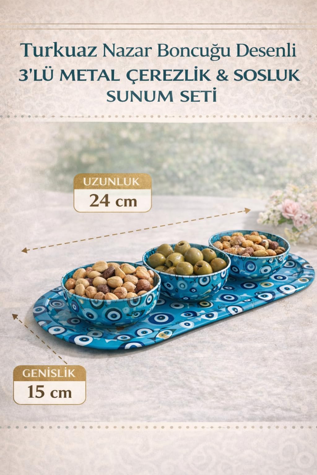 Turkuaz Nazar Boncuğu Desenli 3’lü Metal Çerezlik ve Sosluk Sunum Seti, Dayanıklı Baskılı Servis Tepsili Kahvaltılık, Atıştırmalık ve Lokumluk Kase Takımı, Modern Dekoratif Sofra Sunum Ürünü