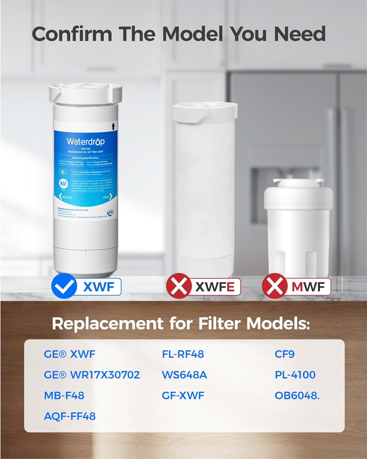 Waterdrop XWF Refrigerator Water Filter, Replacement for GE® XWF, WR17X30702, NSF 42/372 Certified, Compatible with GE® GNE27, GFE26, GDE25, GSS25, PSE25 Series Refrigerators, 4-Pack (Not XWFE) - Image 2
