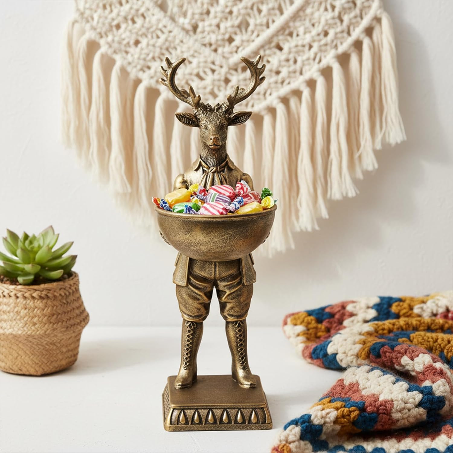 12.6 Inch Vintage Golden Deer Statue with Bowl,Deer Figurine Resin Tray Serving Easter Decorations, Home Arts Desktop Accessories Table Decor,Candy Key Purse Bowl (Brass Color)
