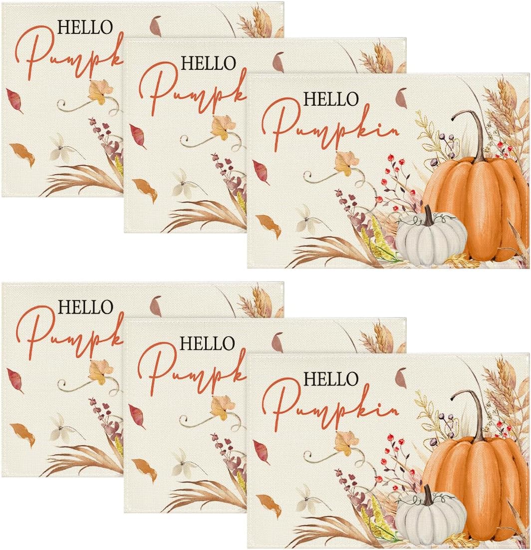 Artoid Mode Orange Hello Pumpkin Floral Leaves Fall Placemats Set of 6, 12x18 Inch Autumn Thanksgiving Harvest Table Mats for Kitchen Dining Decoration 12" x 18", Rectangular 6 Pcs Beige/Orange