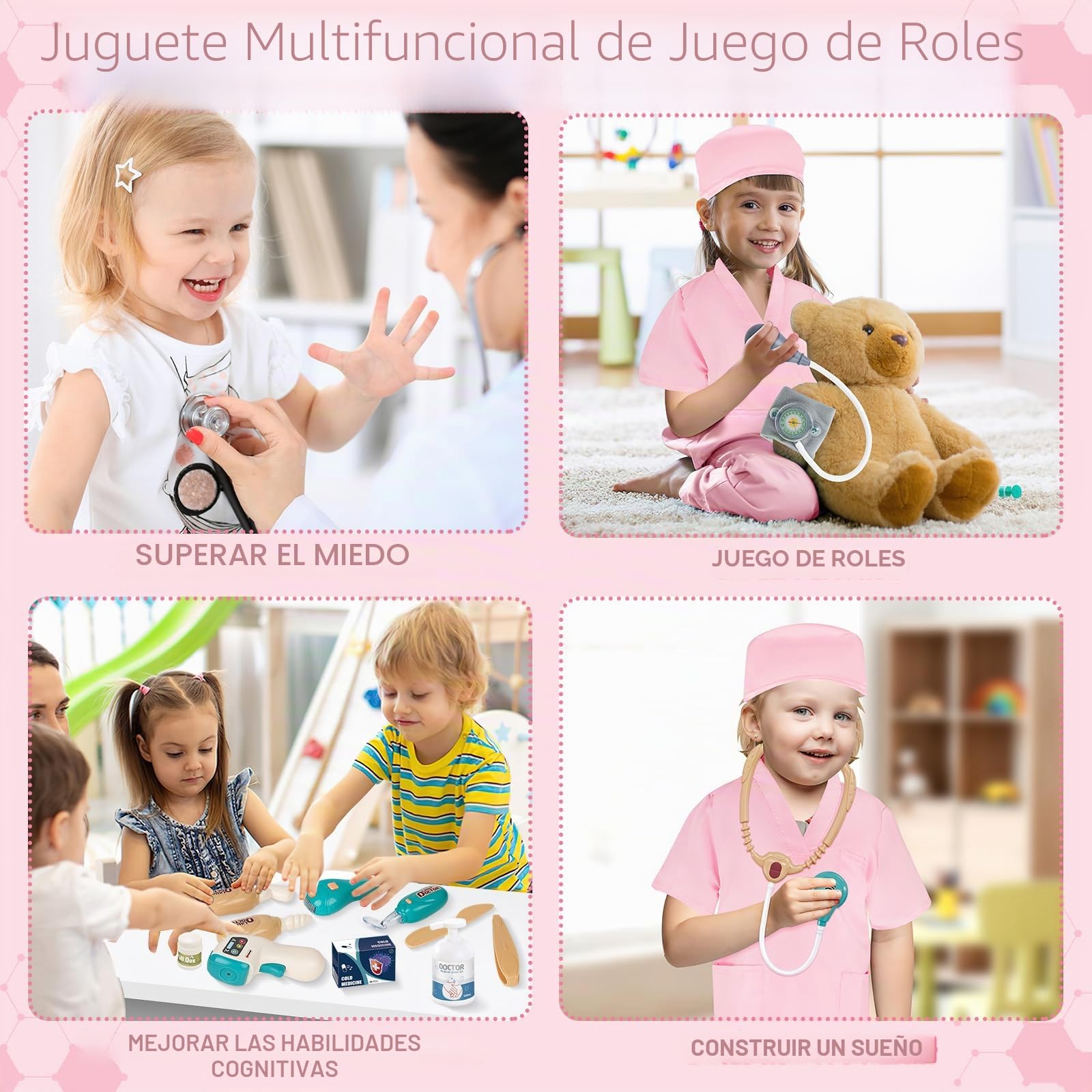 DeAO Maletín De Doctor Para Niños Con Bata, Estetoscopio Con Luces Y Sonidos – Juego De Rol Médico Para Peques De 3+ Años (Rosa)