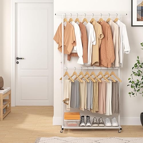 Miniatura 6 de Sywhitta Perchero de ropa de doble barra, colgador de abrigo con malla inferior, perchero para colgar ropa, abrigos, faldas, suéteres, color blanco