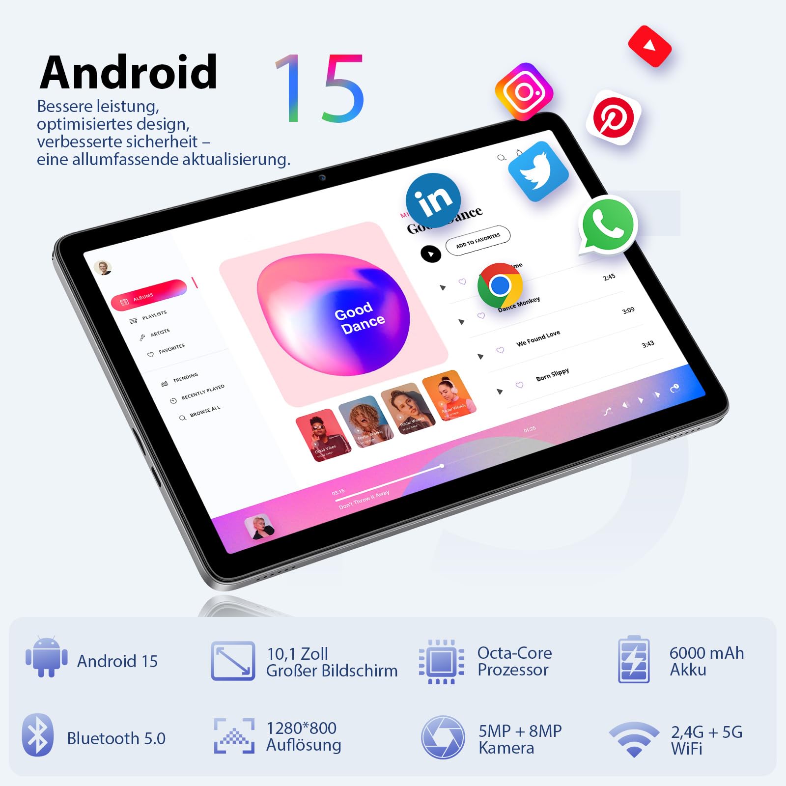 Tablet 10 Zoll, Android 15 Tablet mit Hülle, Maus & Tastatur, Octa-Core, 24 GB RAM + 128 GB ROM + 1 TB TF, 1280x800 HD IPS-Display, Duale Kamera, 6000 mAh, WiFi 6, BT 5.0, Widevine L1, GPS (Grau)